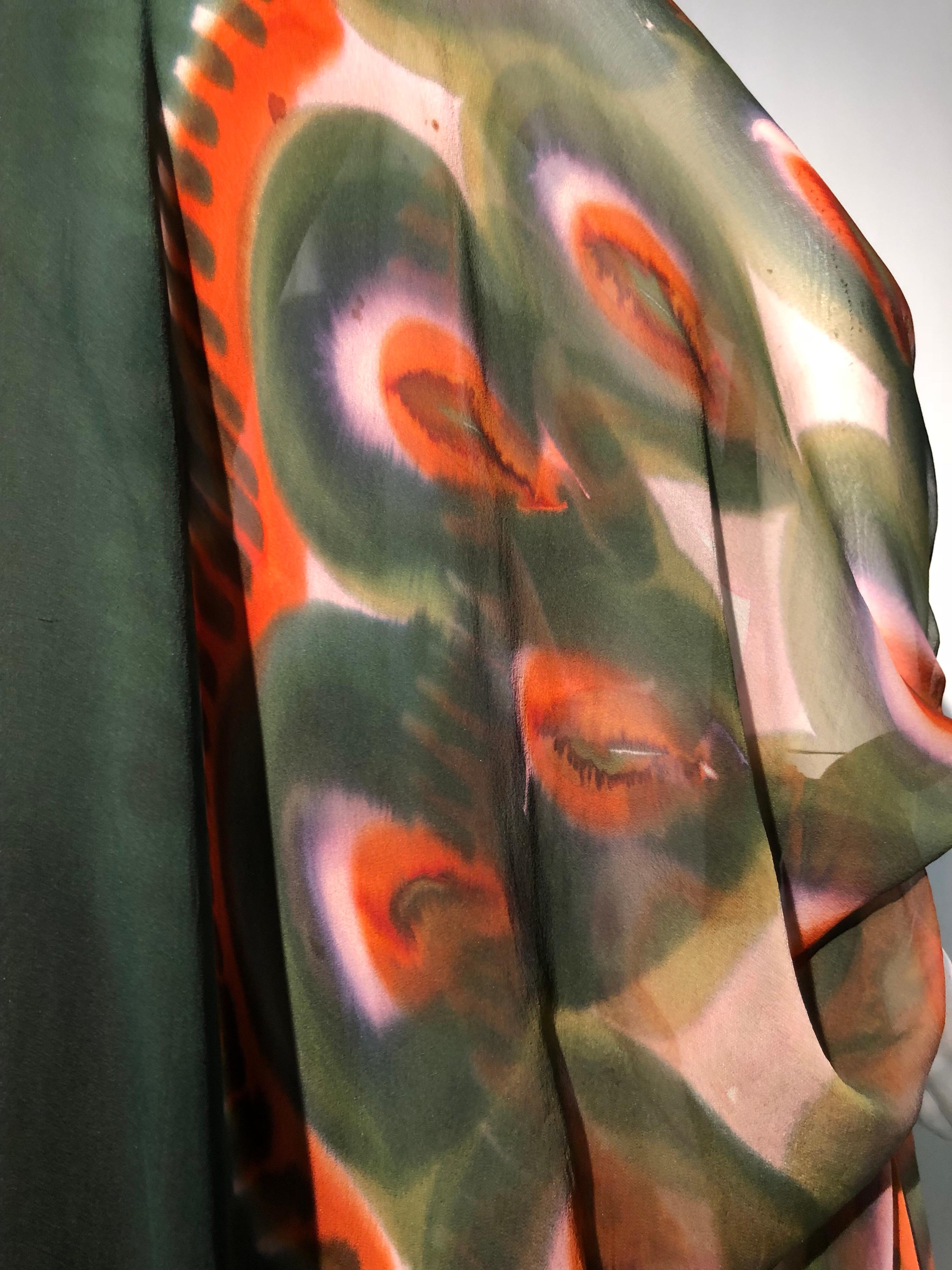 1960s Jean Louis Deep Moss Green Silk Gown W/ Hand Painted Caftan Sleeves For Sale 2
