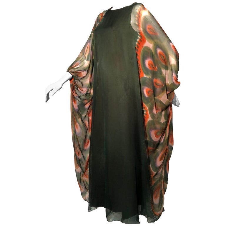 1960s Jean Louis Deep Moss Green Silk Gown W/ Hand Painted Caftan Sleeves  For Sale at 1stDibs