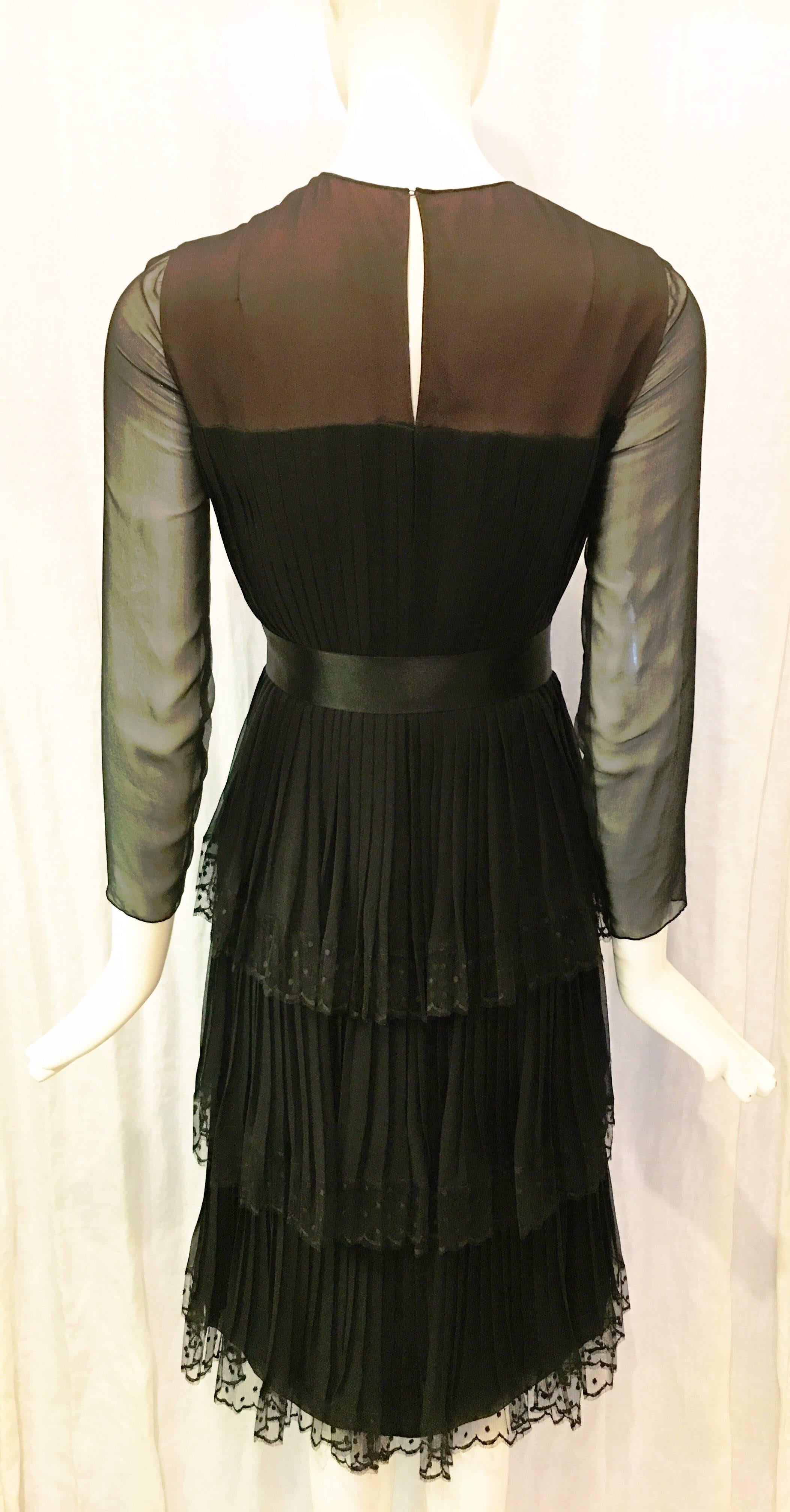 Jean Louis for I. Magnin Black Pleated Silk Ruffle Bow Dress, 1960s  In Excellent Condition For Sale In Brooklyn, NY