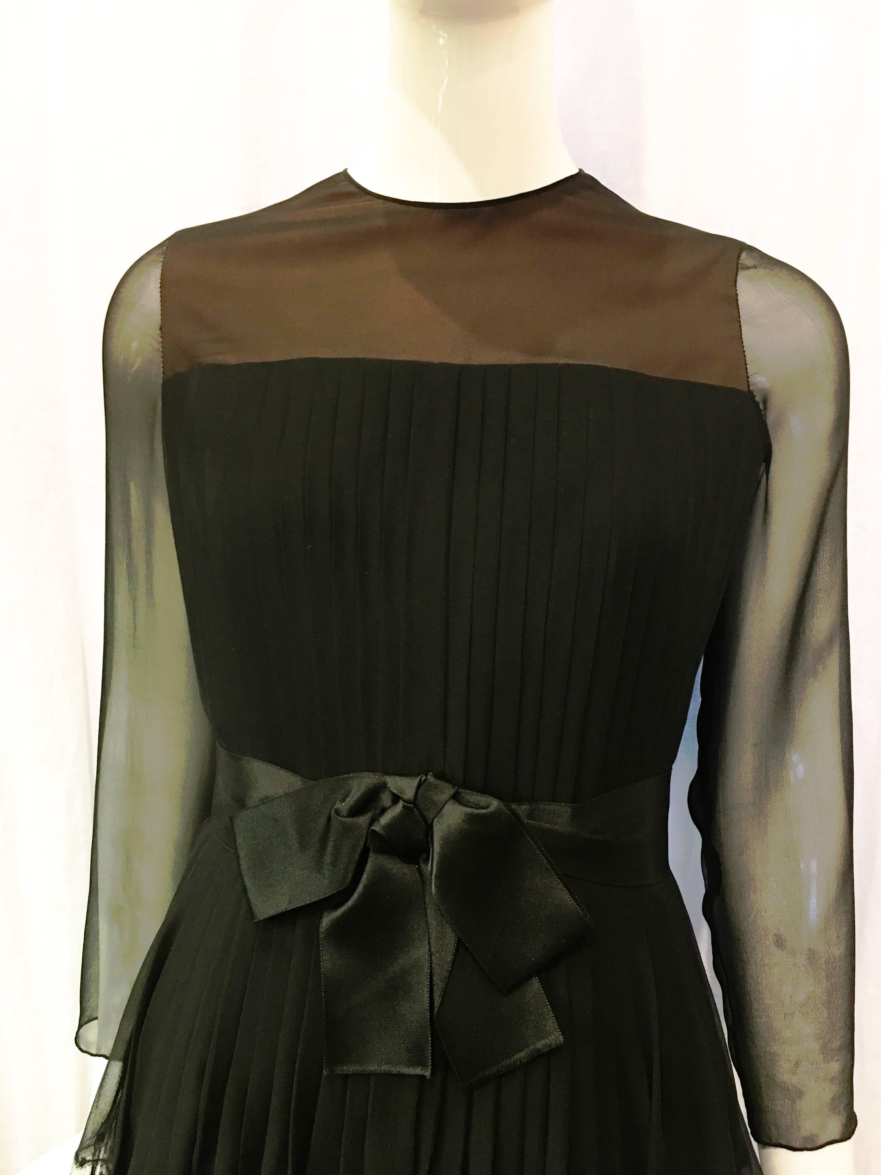 Women's or Men's Jean Louis for I. Magnin Black Pleated Silk Ruffle Bow Dress, 1960s  For Sale