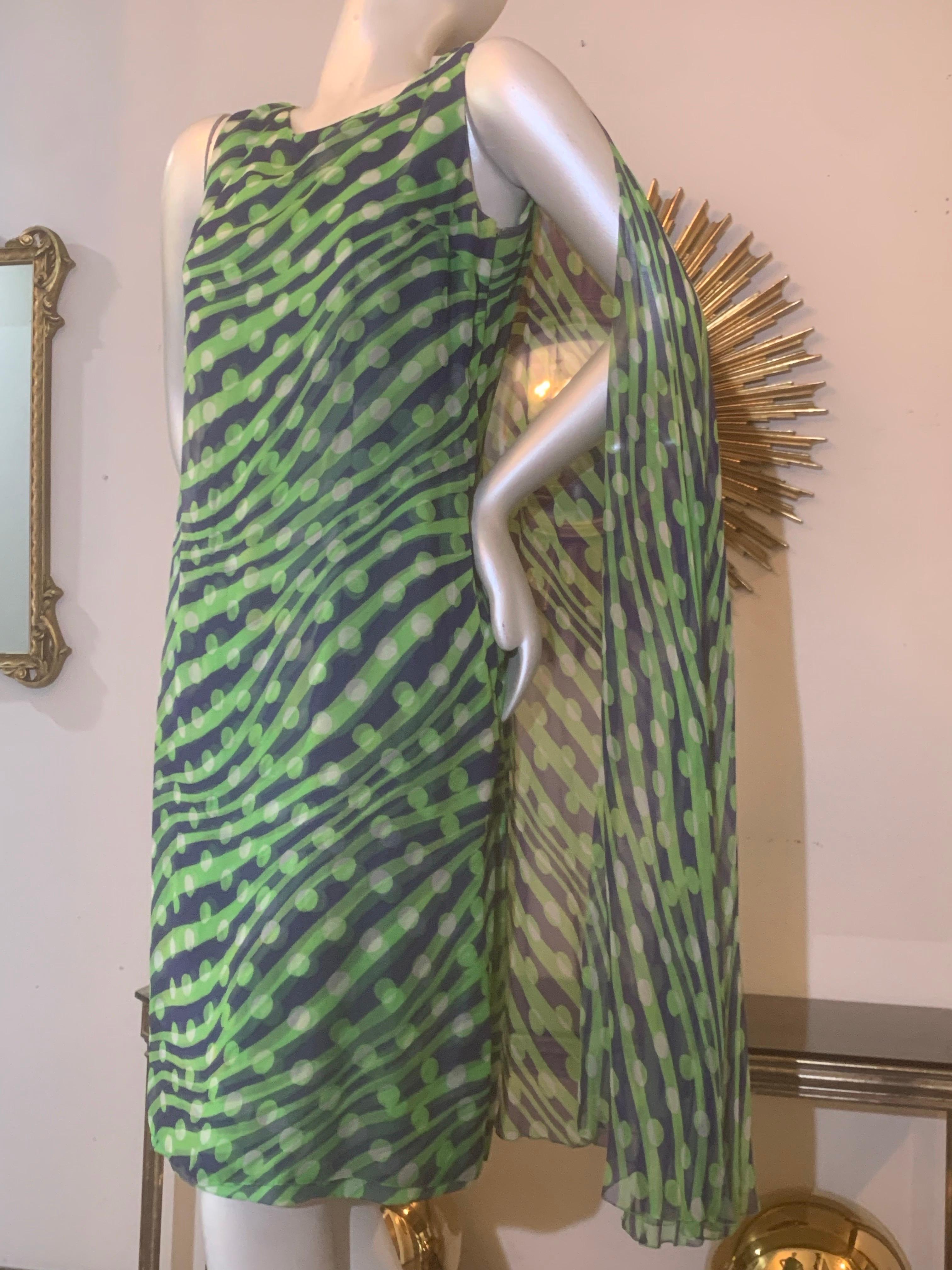 Abito da cocktail in chiffon Op-Art di Jean Louis I. Magnin degli anni '60 in blu e chartreuse in vendita 8