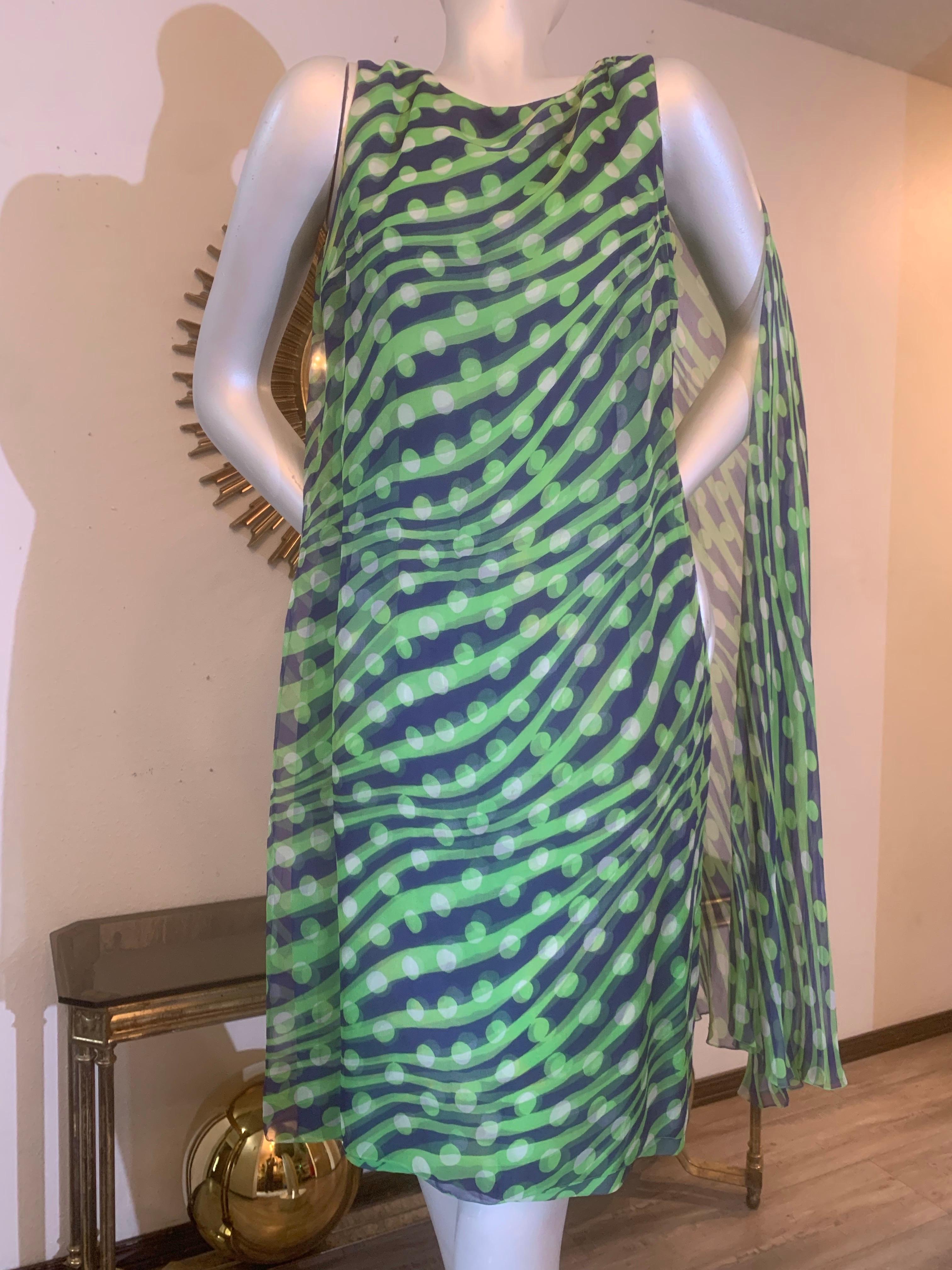 Abito da cocktail in chiffon Op-Art di Jean Louis I. Magnin degli anni '60 in blu e chartreuse In condizioni ottime in vendita a Gresham, OR