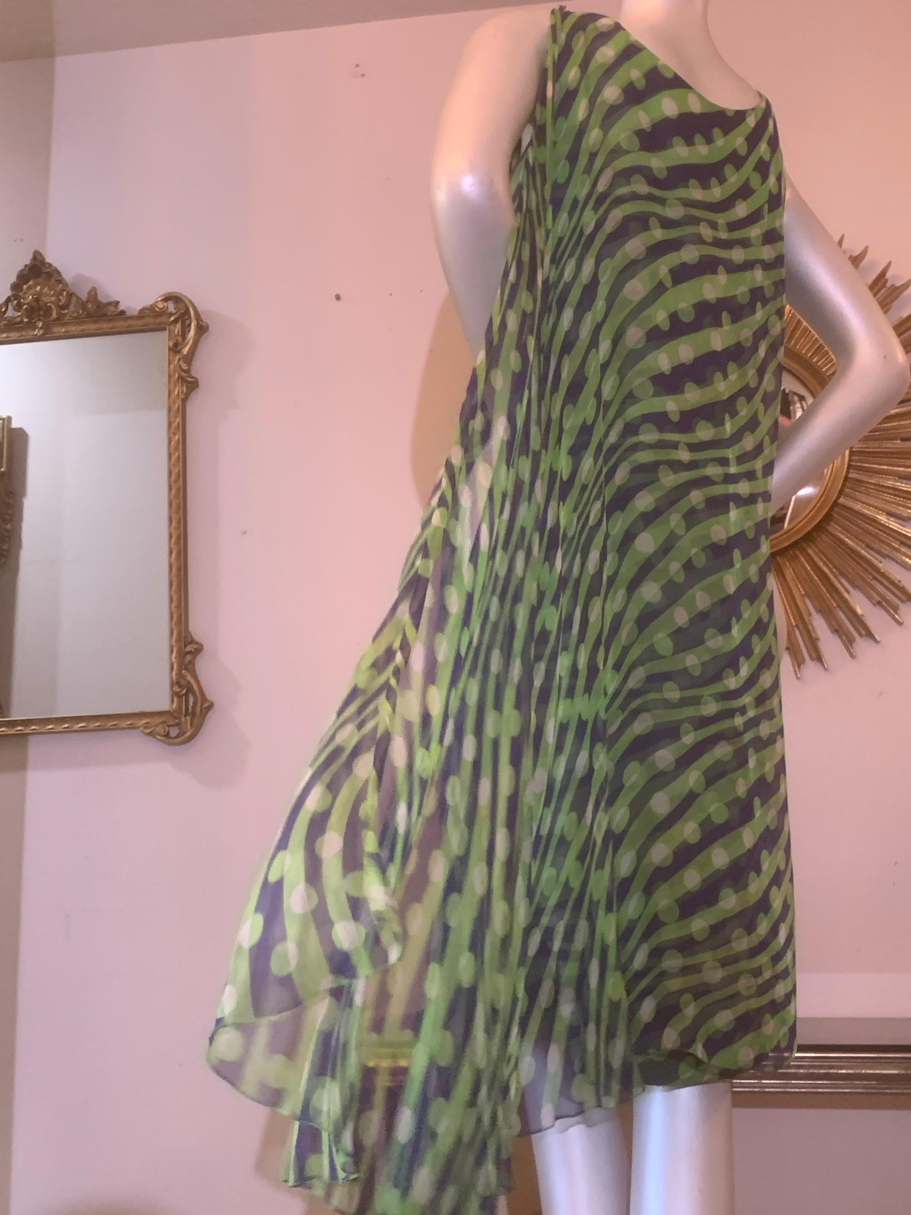 Abito da cocktail in chiffon Op-Art di Jean Louis I. Magnin degli anni '60 in blu e chartreuse in vendita 2