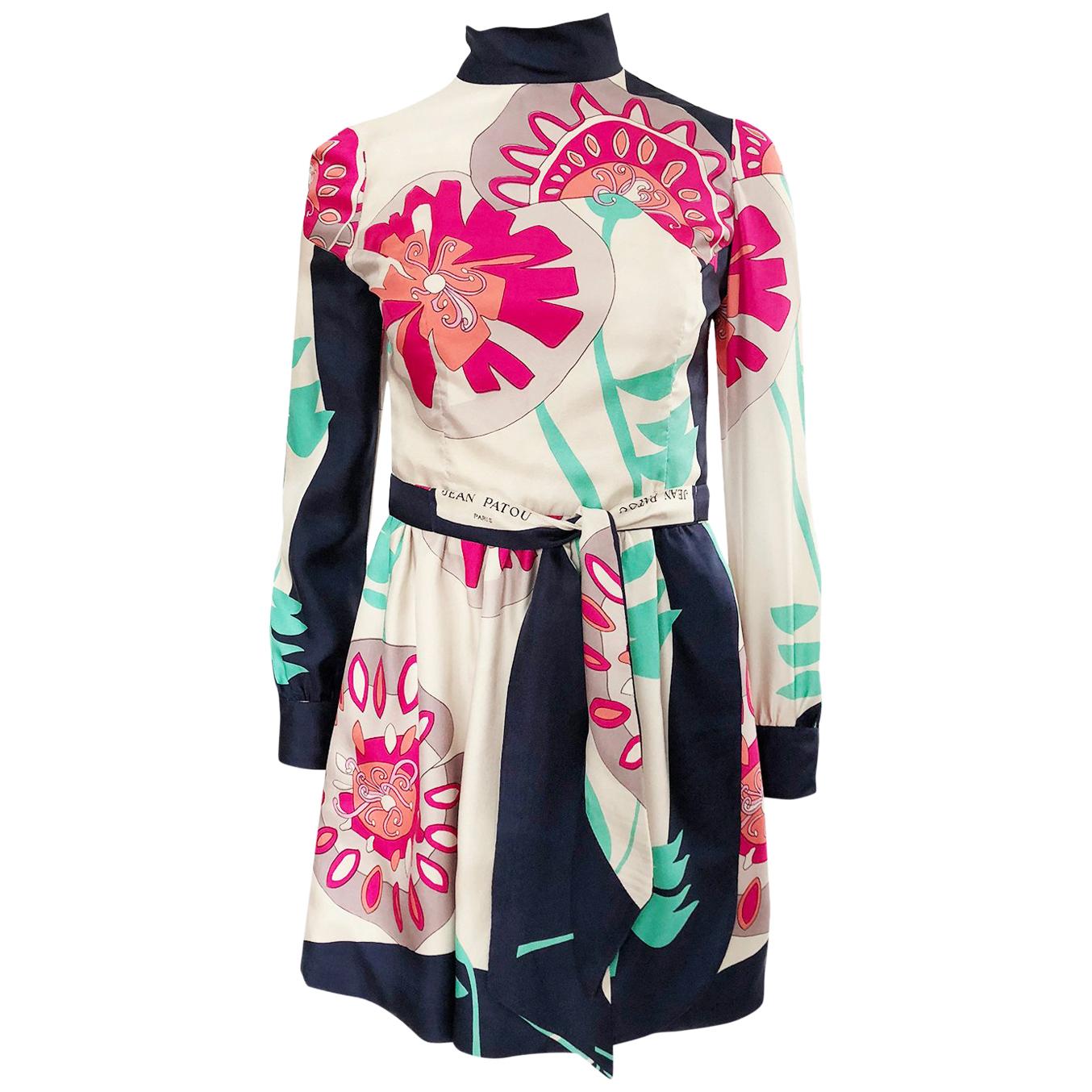 1960s Jean Patou Couture Signed Scarf Print Silk Twill Mini Dress