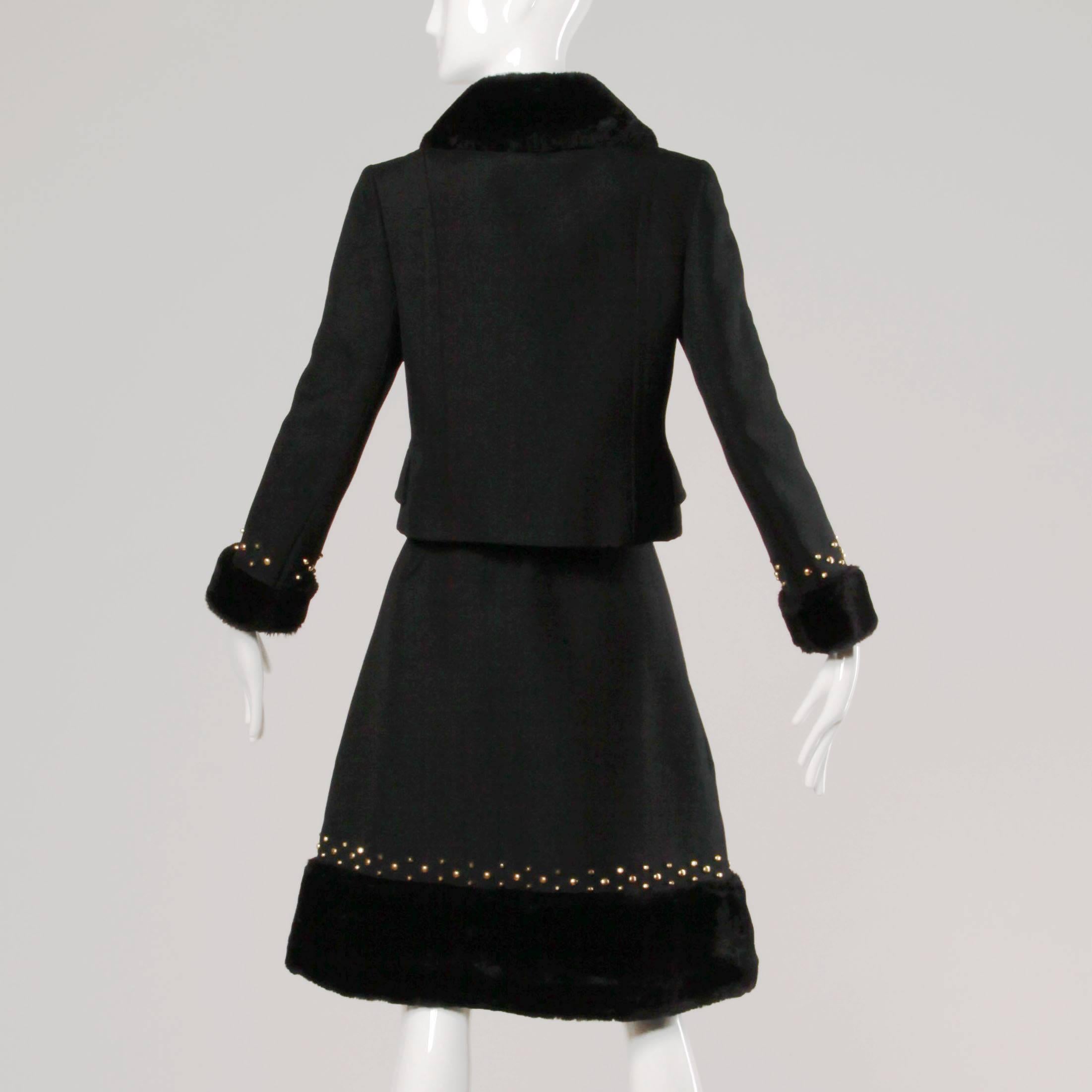 Women's 1960s Jean Patou Vintage Wool Jacket + Skirt Suit Ensemble with Faux Fur Trim For Sale