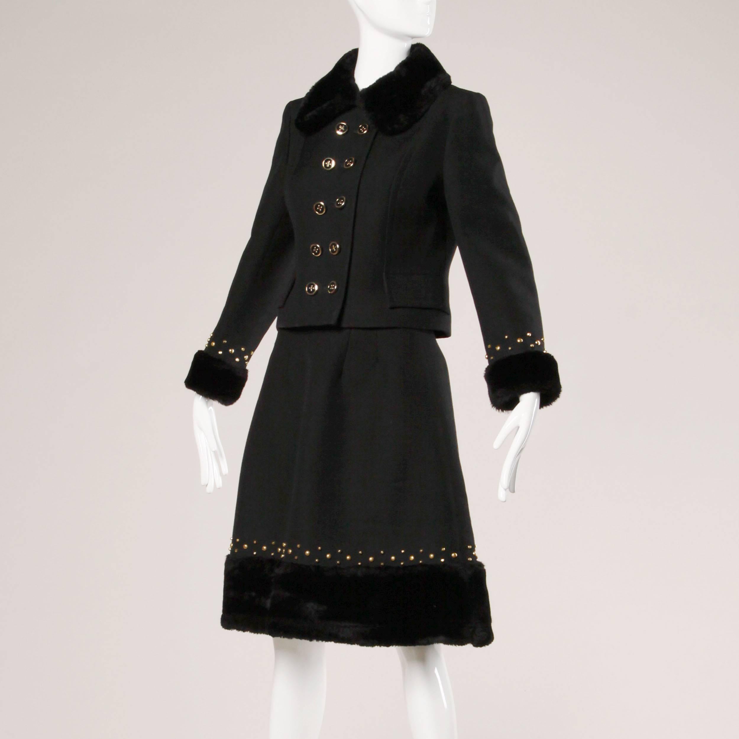1960s Jean Patou Vintage Wool Jacket + Skirt Suit Ensemble with Faux Fur Trim For Sale 2
