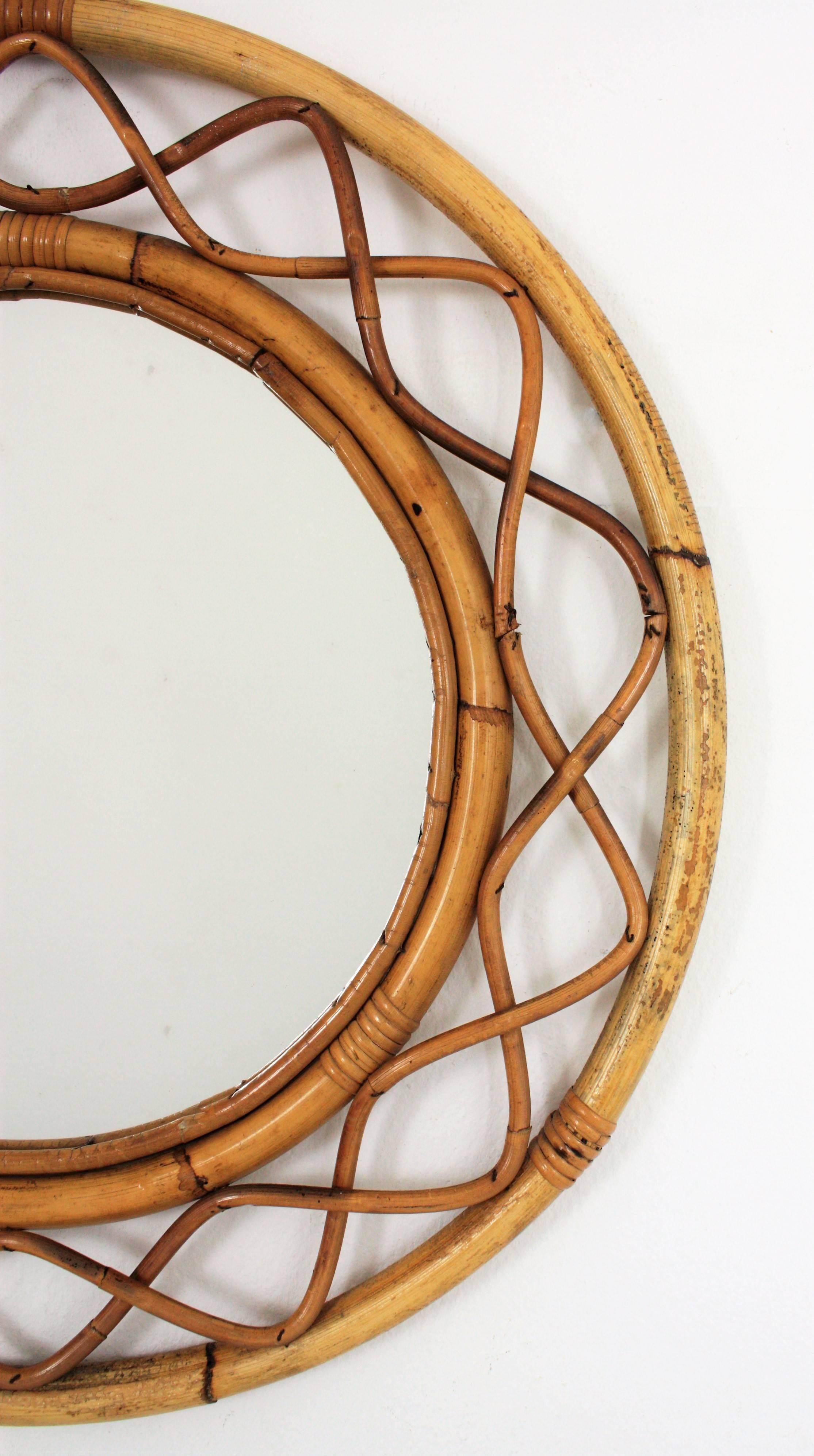Mid-Century Modern 1960s Jean Royère Style French Riviera Bamboo and Rattan Round Mirror