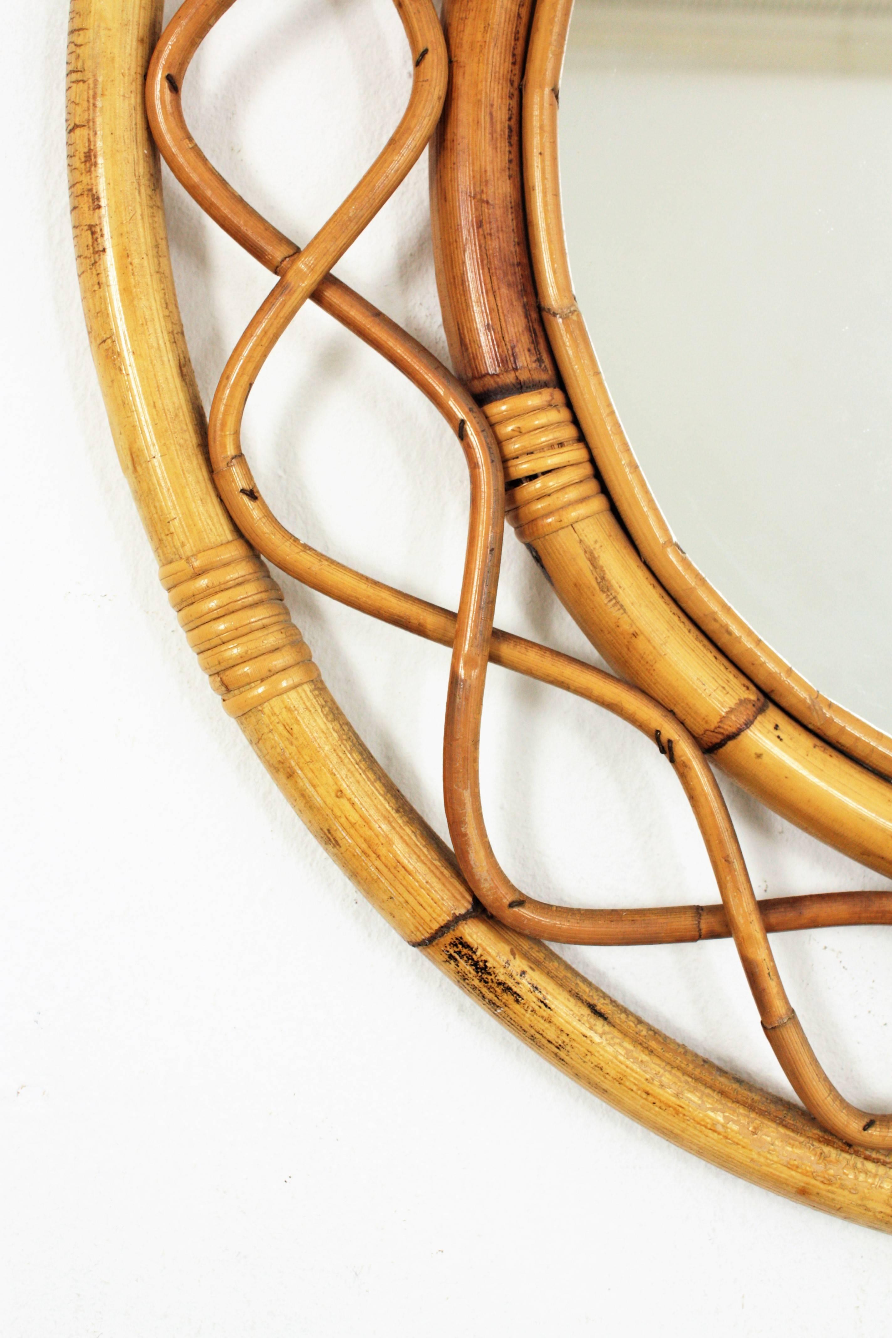 Mid-20th Century 1960s Jean Royère Style French Riviera Bamboo and Rattan Round Mirror