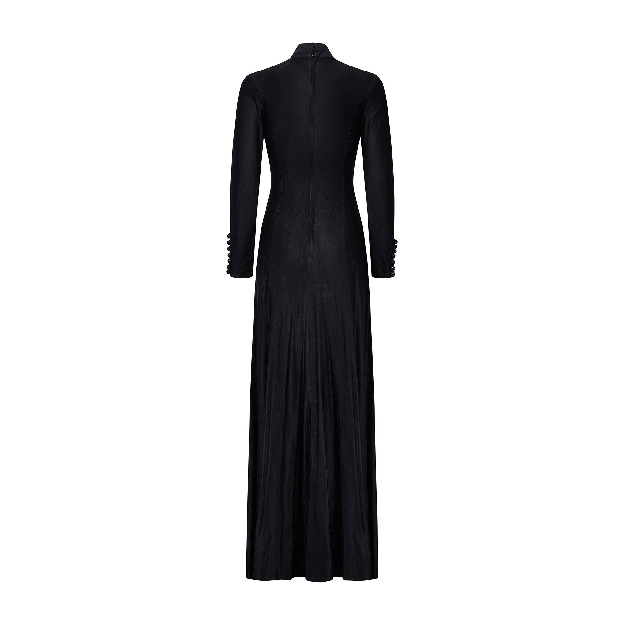 1960s Jean Varon Jersey Black Maxi Dress with Front Button Detail In Excellent Condition For Sale In London, GB