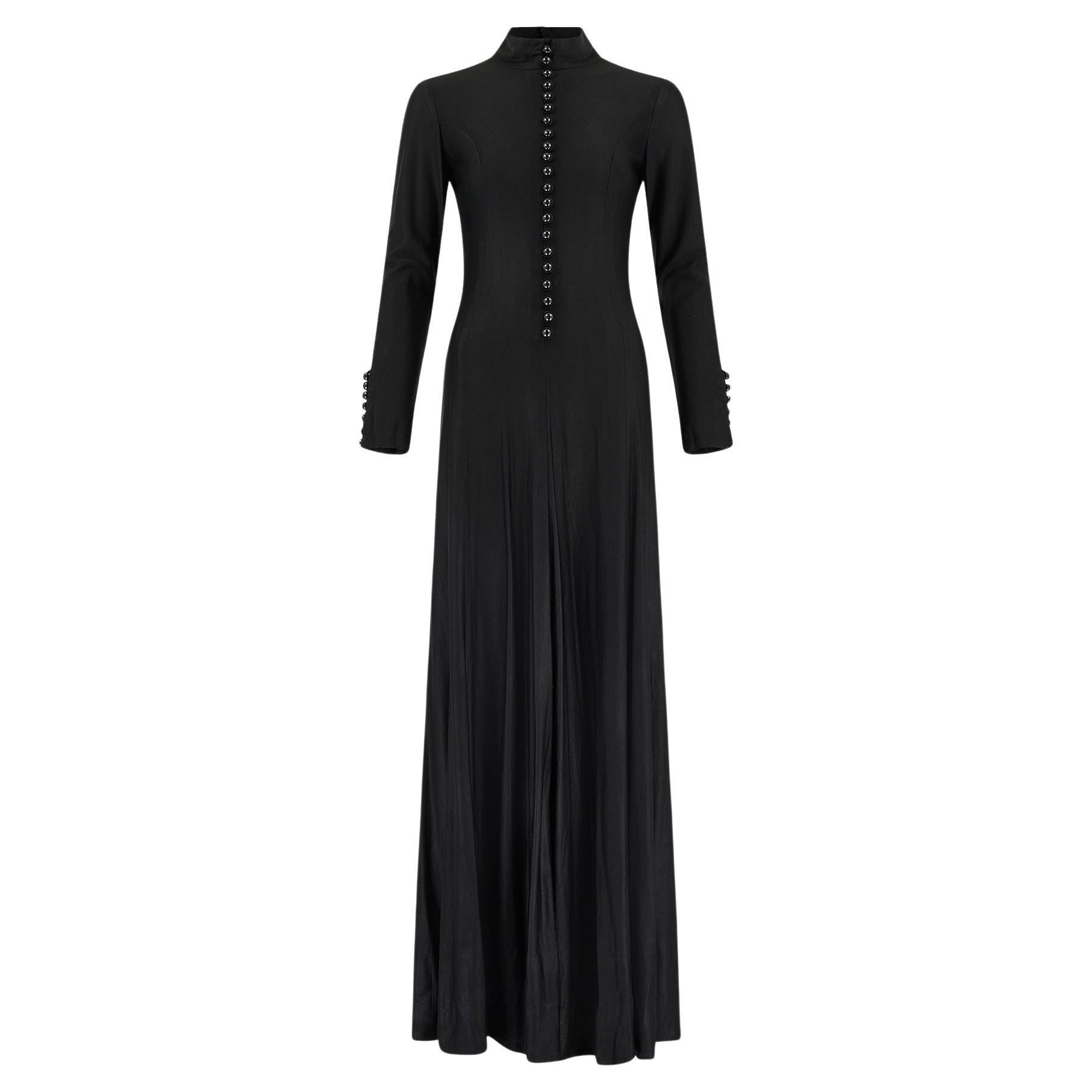 1960s Jean Varon Jersey Black Maxi Dress with Front Button Detail For Sale