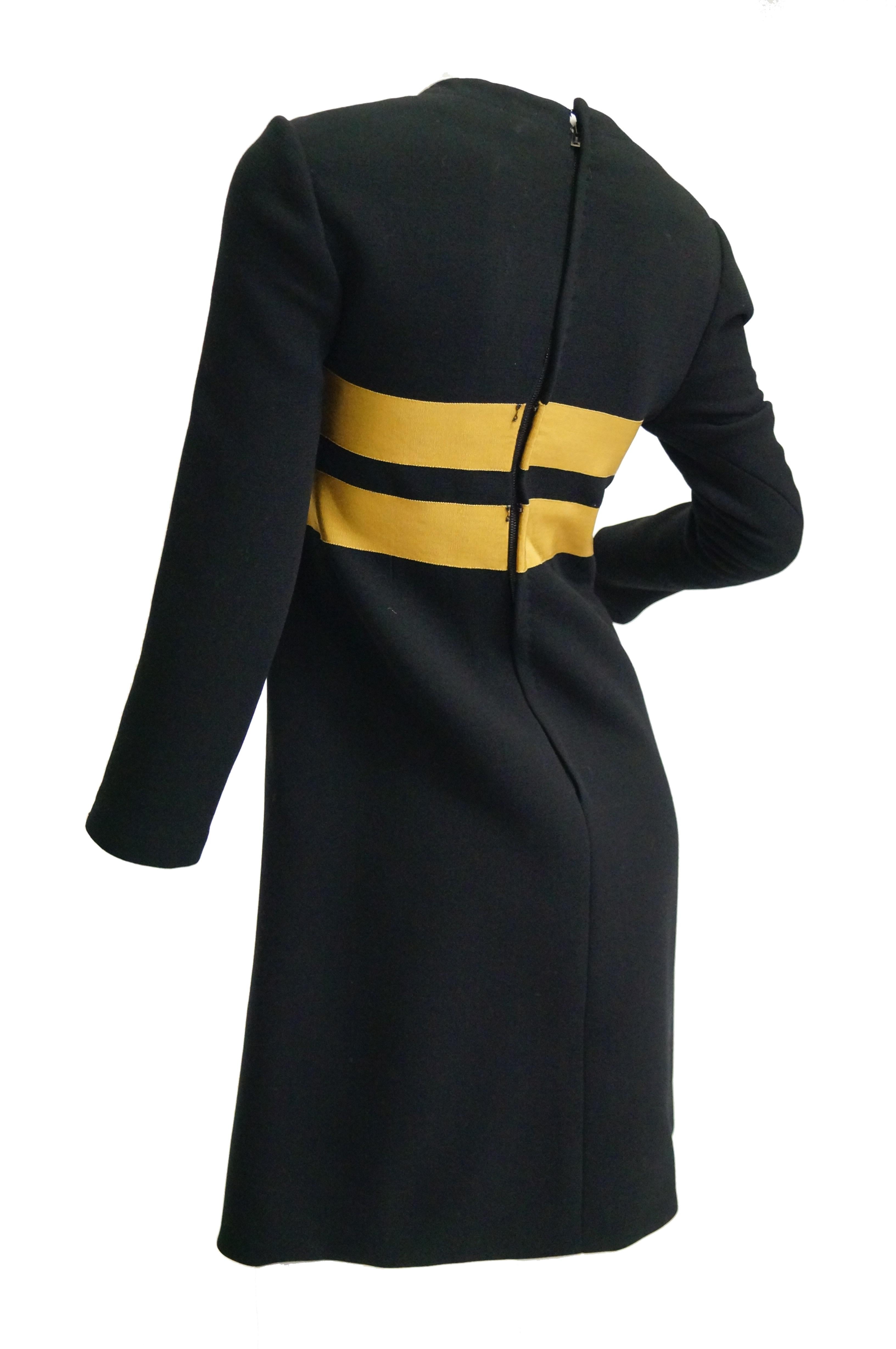  1960s Jeanne Lanvin Designed Black Wool Mod Dress with Yellow Grosgrain Buckles In Excellent Condition For Sale In Houston, TX