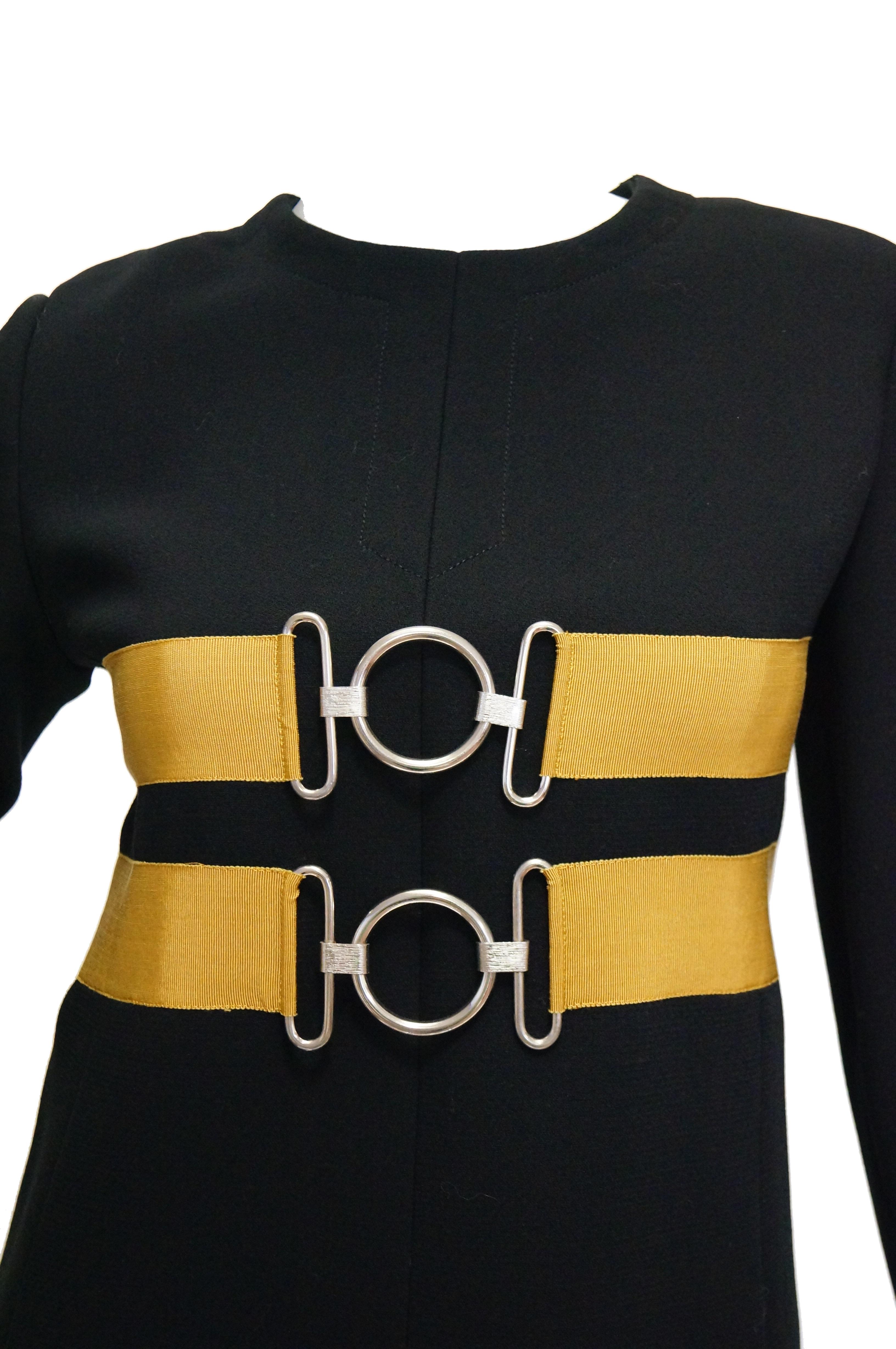 Women's  1960s Jeanne Lanvin Designed Black Wool Mod Dress with Yellow Grosgrain Buckles For Sale