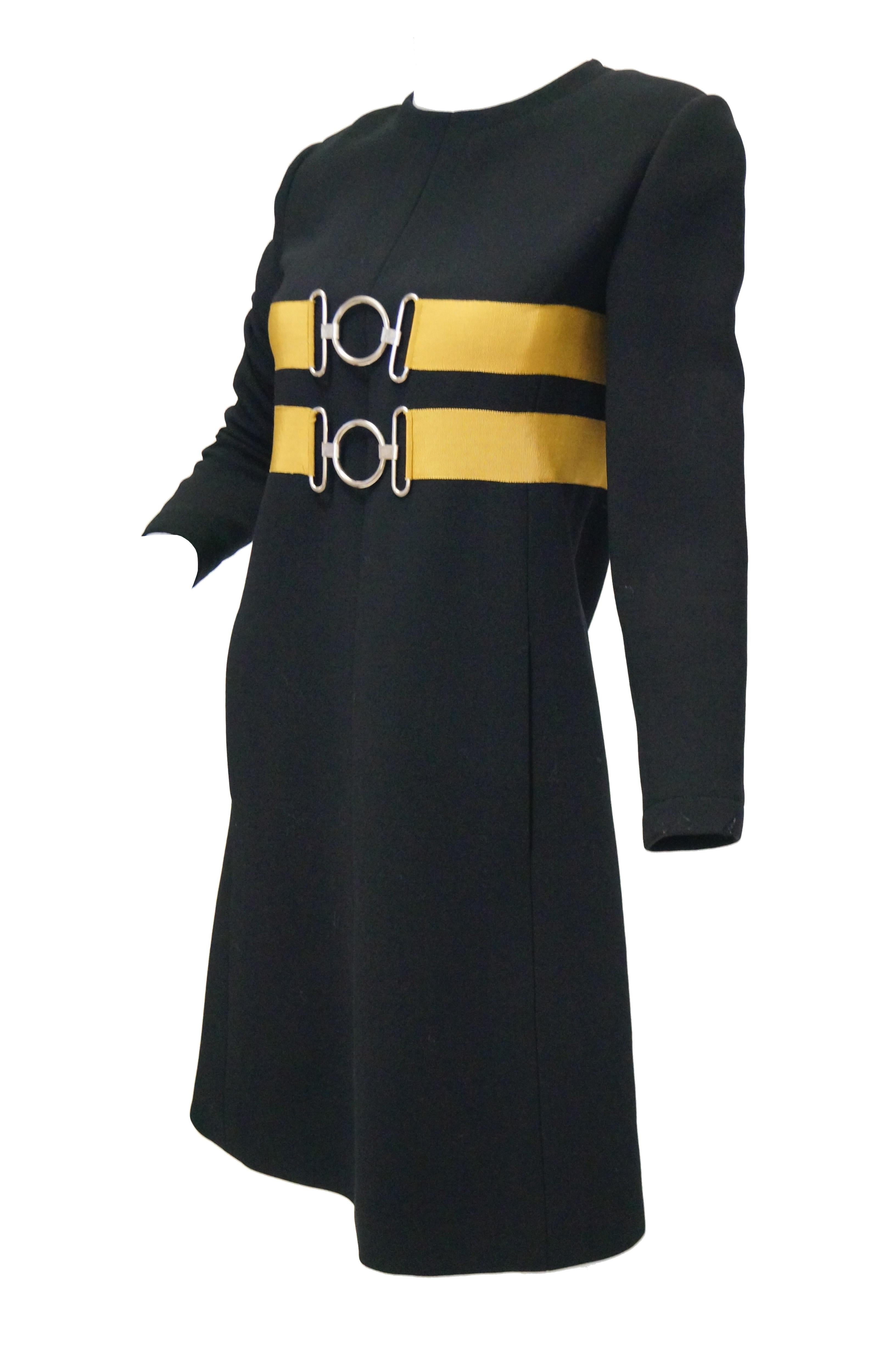  1960s Jeanne Lanvin Designed Black Wool Mod Dress with Yellow Grosgrain Buckles For Sale 2