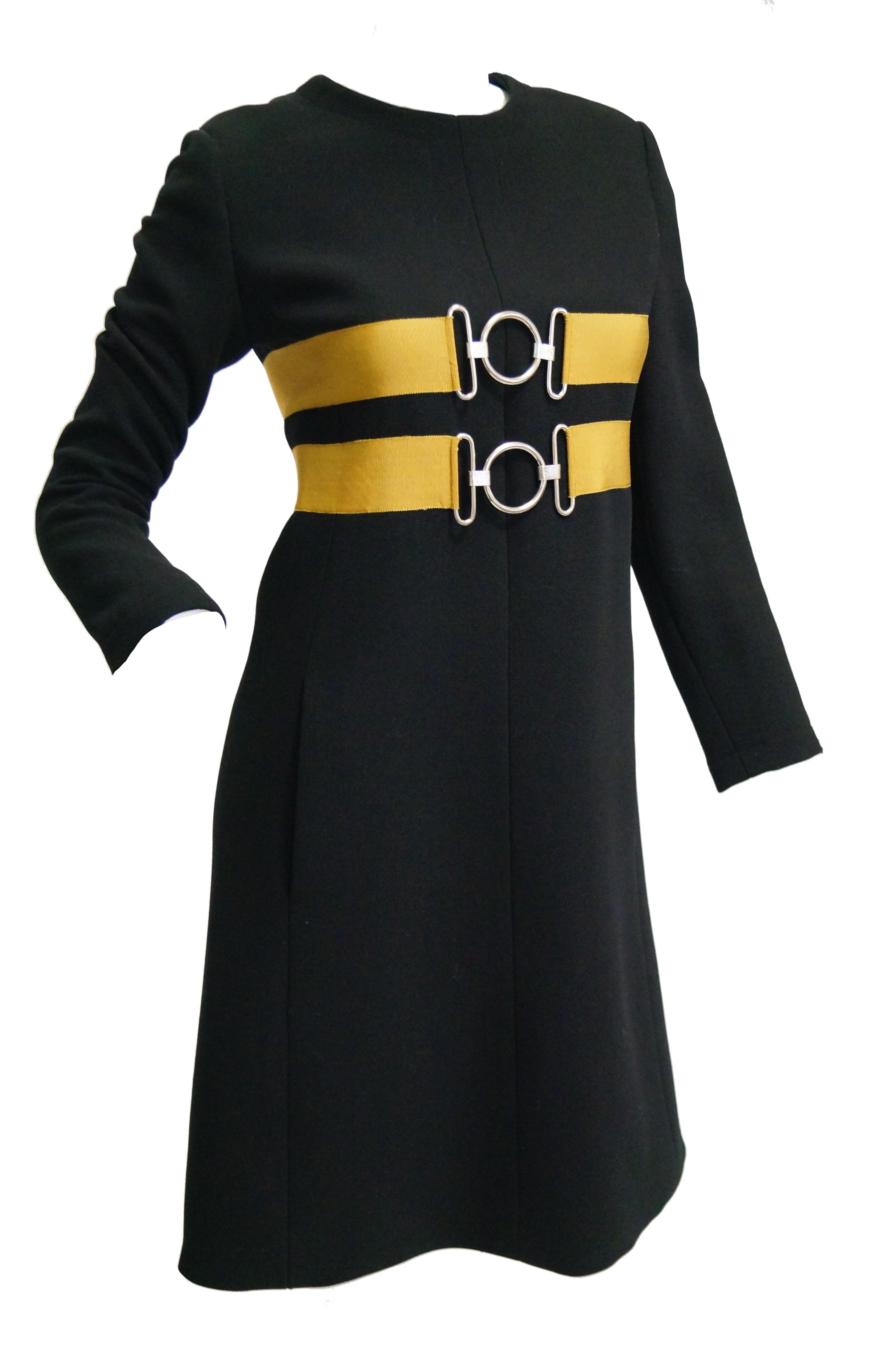  1960s Jeanne Lanvin Designed Black Wool Mod Dress with Yellow Grosgrain Buckles For Sale 3