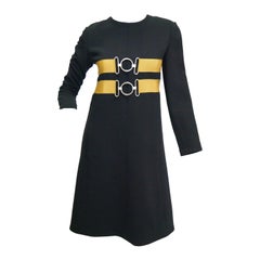 Vintage  1960s Jeanne Lanvin Designed Black Wool Mod Dress with Yellow Grosgrain Buckles