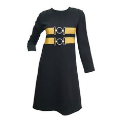 Vintage 1960s Jeanne Lanvin Designed Black Wool Mod Dress with Yellow Grosgrain Buckles