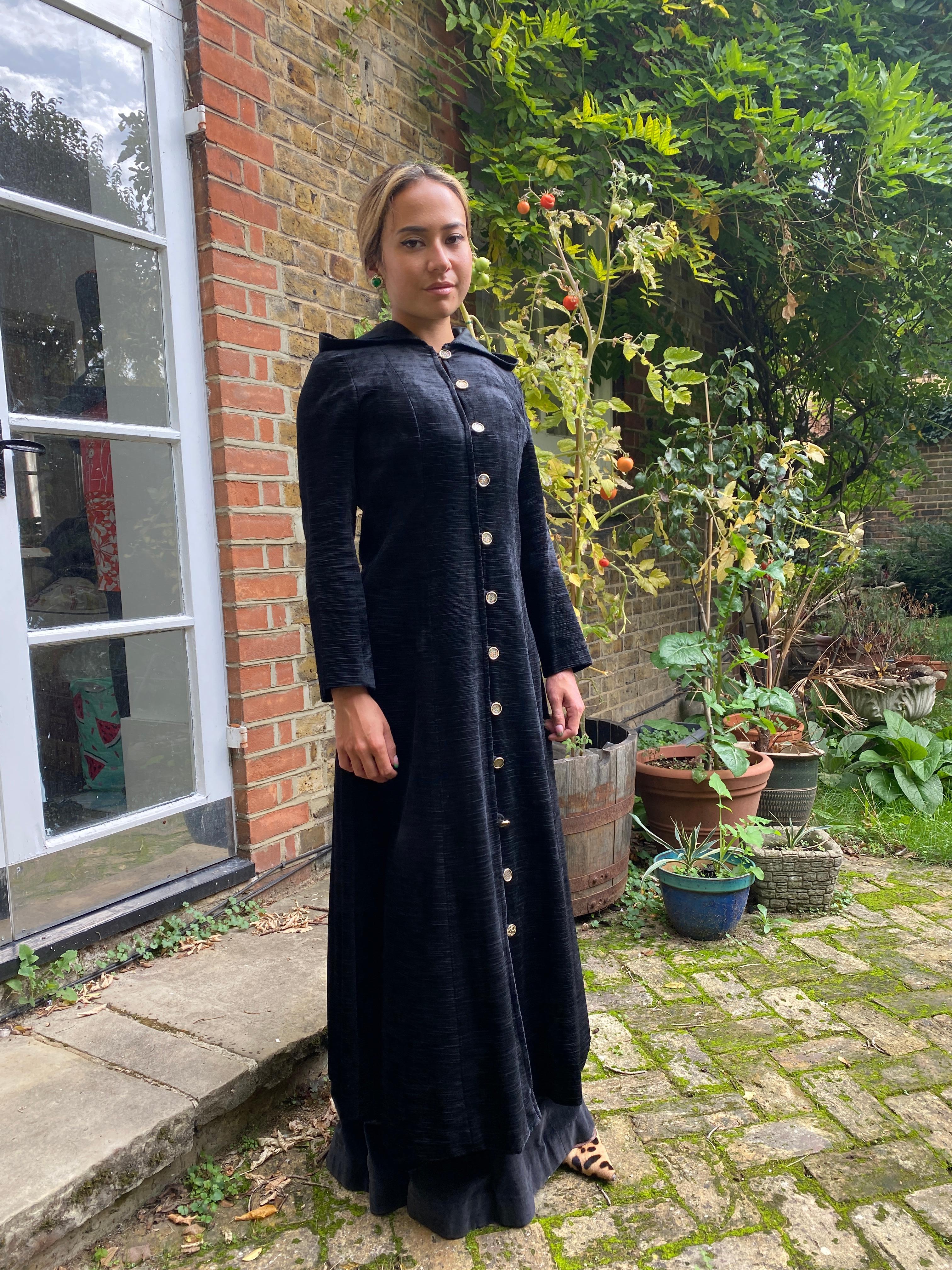 Women's 1960s Jeff Banks Clobber Black Velvet Hooded Coat For Sale