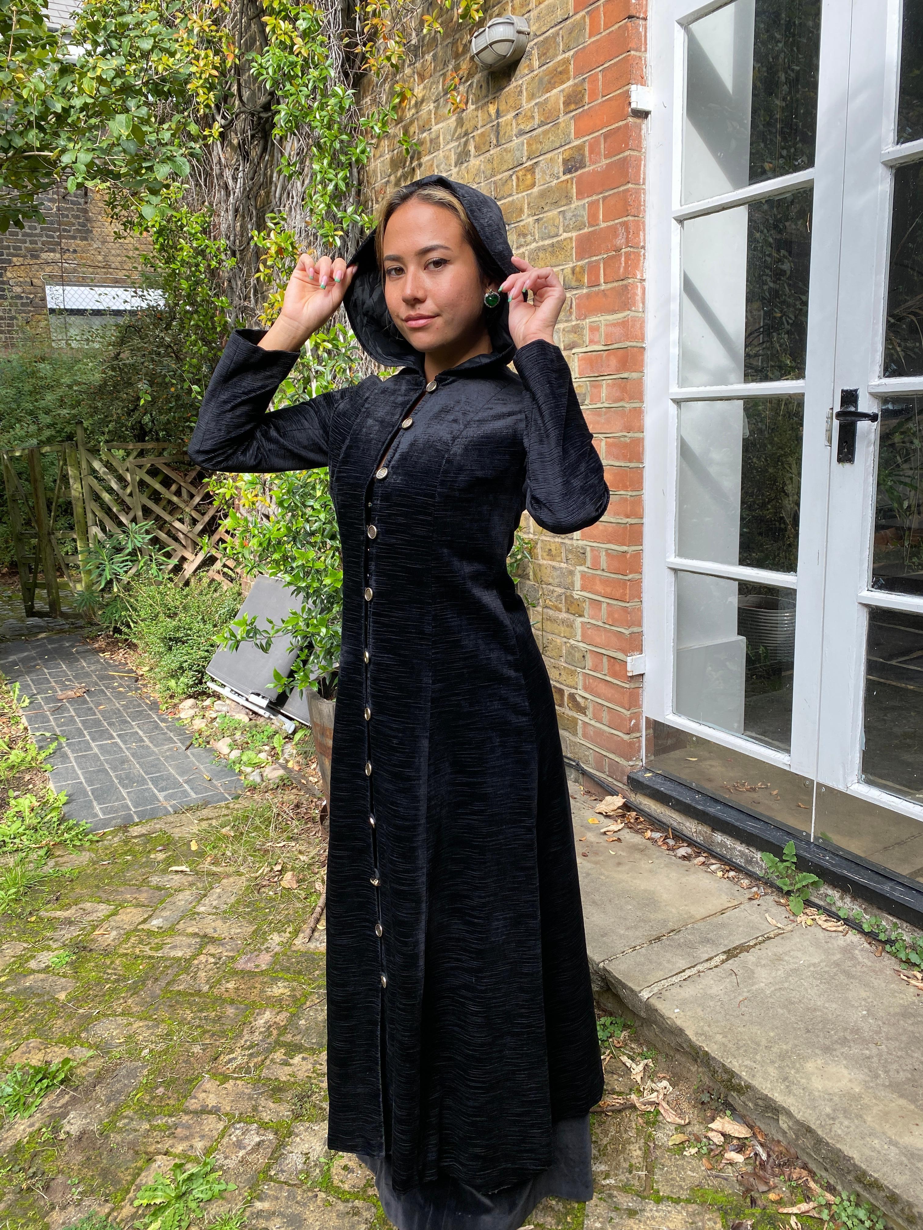 1960s Jeff Banks Clobber Black Velvet Hooded Coat For Sale 1