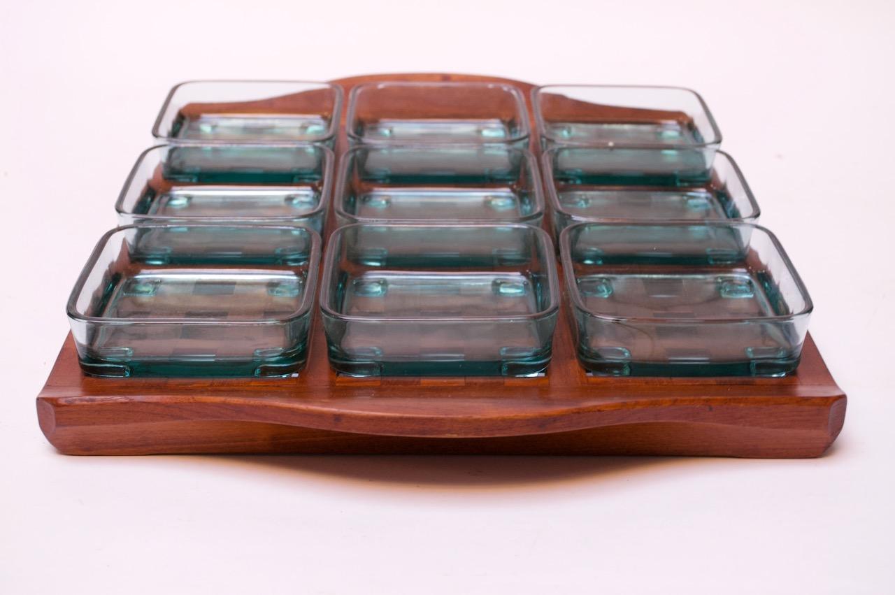 Mid-Century Modern 1960s Jens Quistgaard Dansk Teak Serving Tray with Glass Inserts New in Box