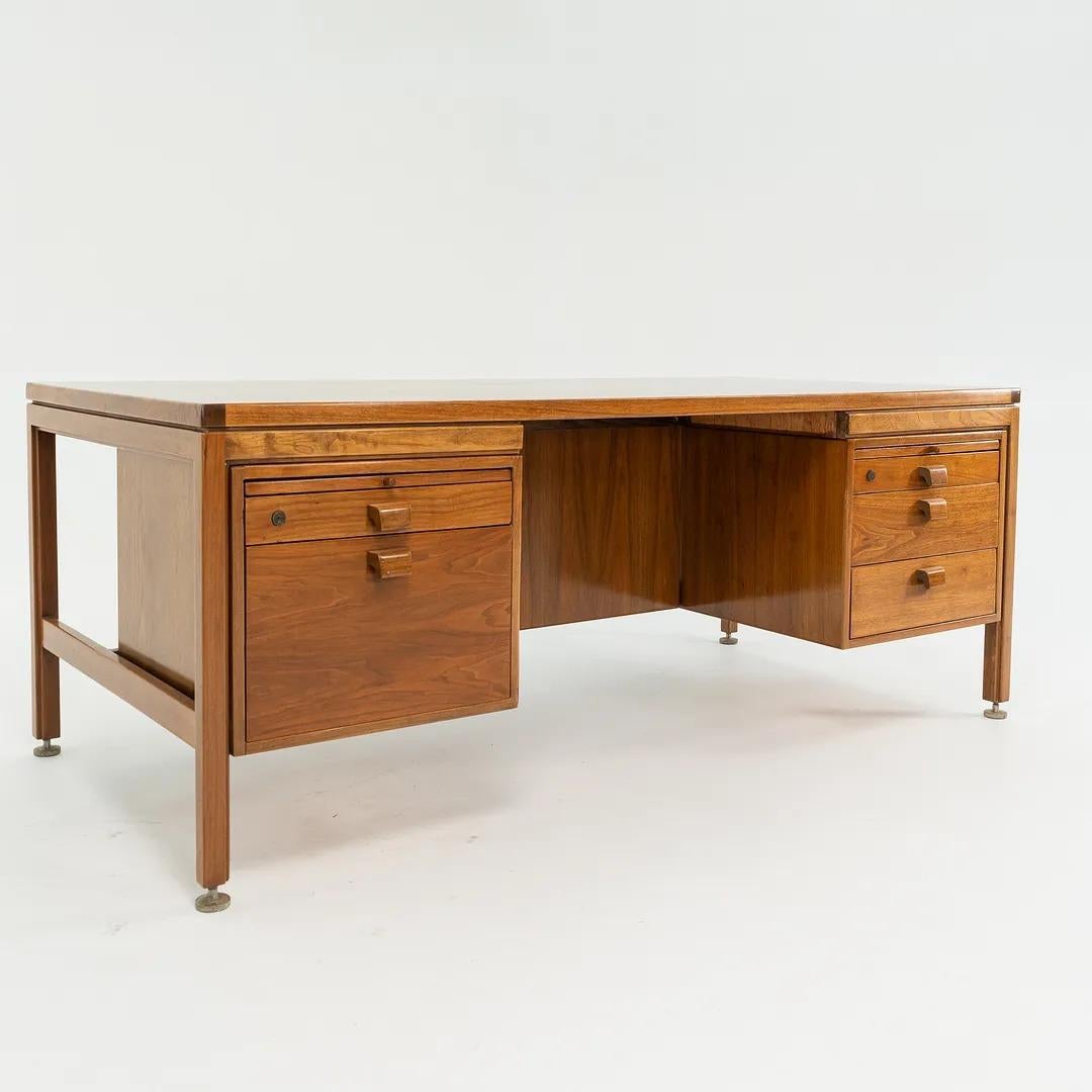 Danish 1960s Jens Risom Designs Double Pedestal Executive Desk w/ Wood Pulls in Walnut For Sale
