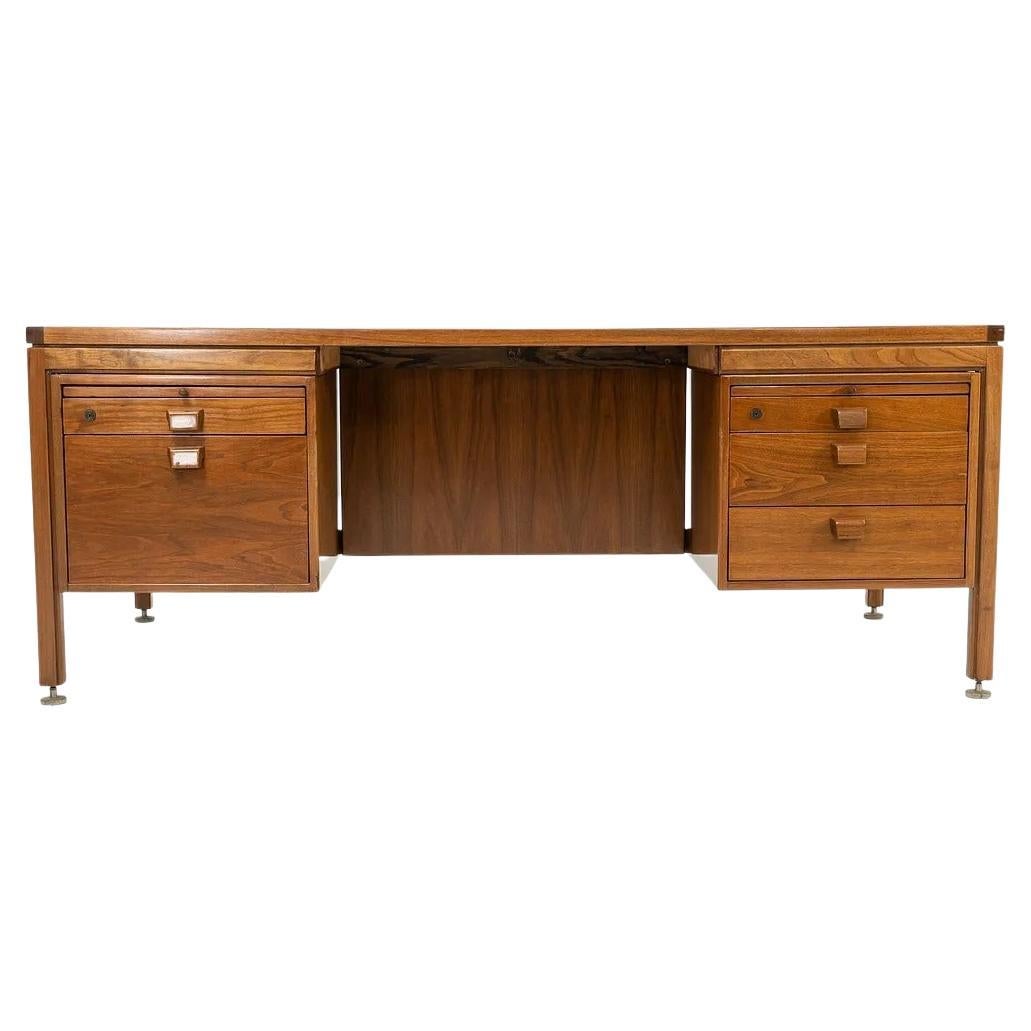 1960s Jens Risom Designs Double Pedestal Executive Desk w/ Wood Pulls in Walnut For Sale