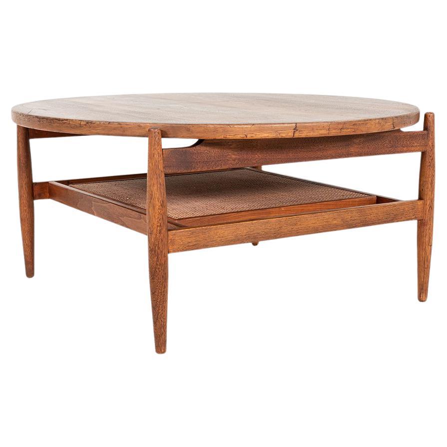 1960s Jens Risom Floating Walnut & Cane Coffee Table, 39" Round, Model T300