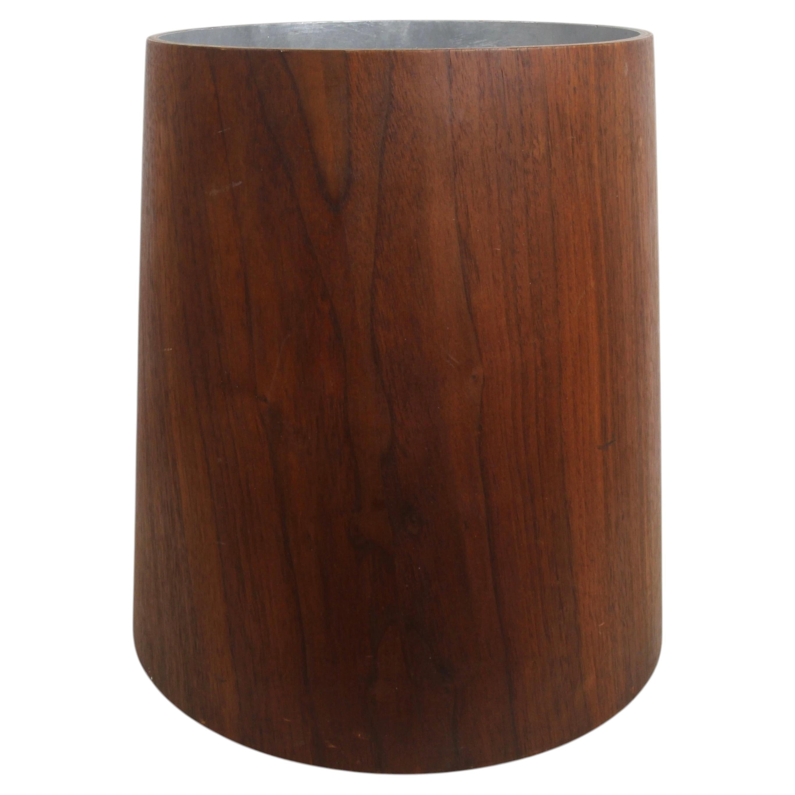 1960s Jens Risom MCM Tapered Walnut Wastebasket / Trash Can with Aluminum Lining