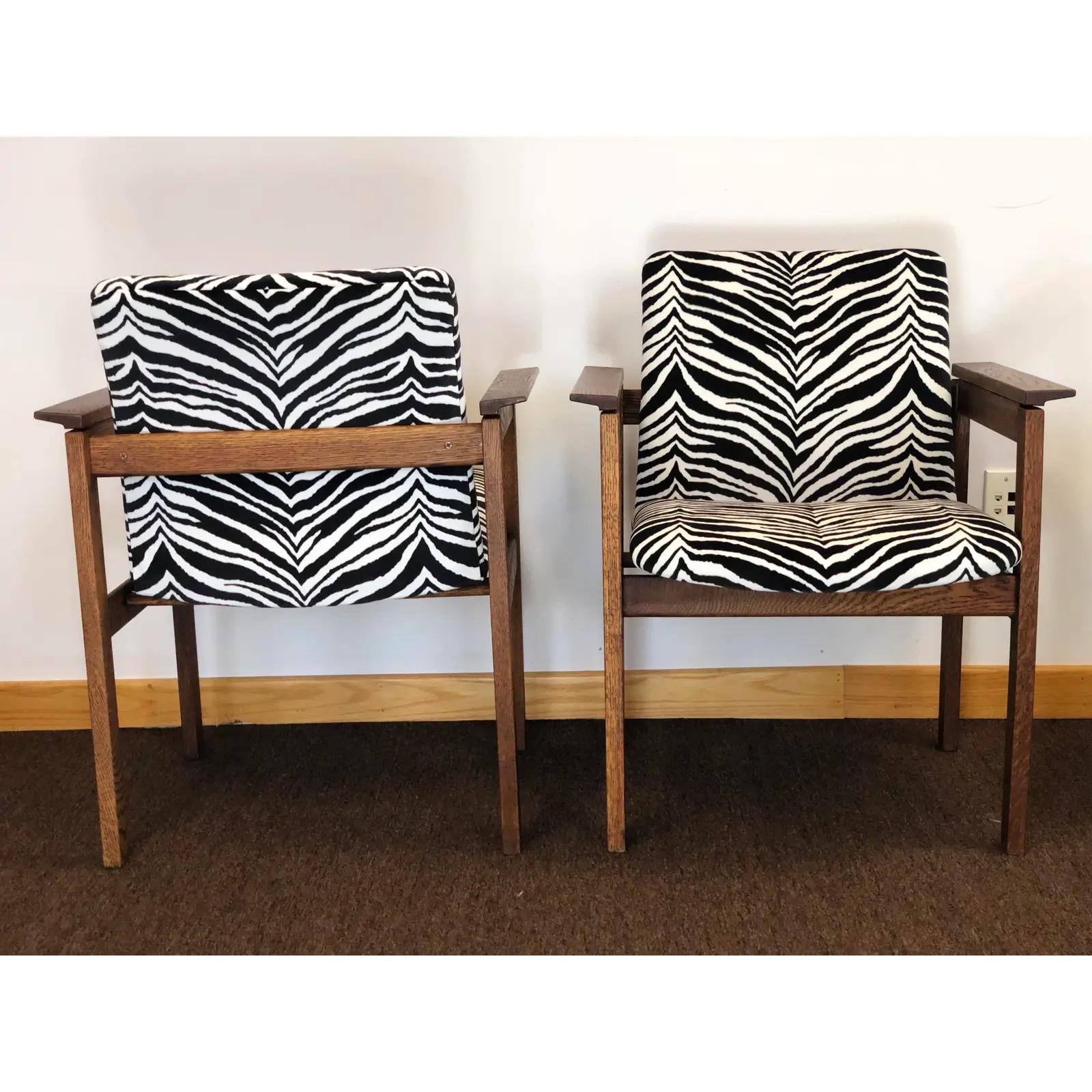We are very pleased to offer a Mid-Century Modern, gorgeous pair of lounge chairs by Jens Risom, circa the 1960s. This fabulous set has been newly upholstered in a zebra stripe velvet upholstery. Marked on the bottom. In excellent condition and
