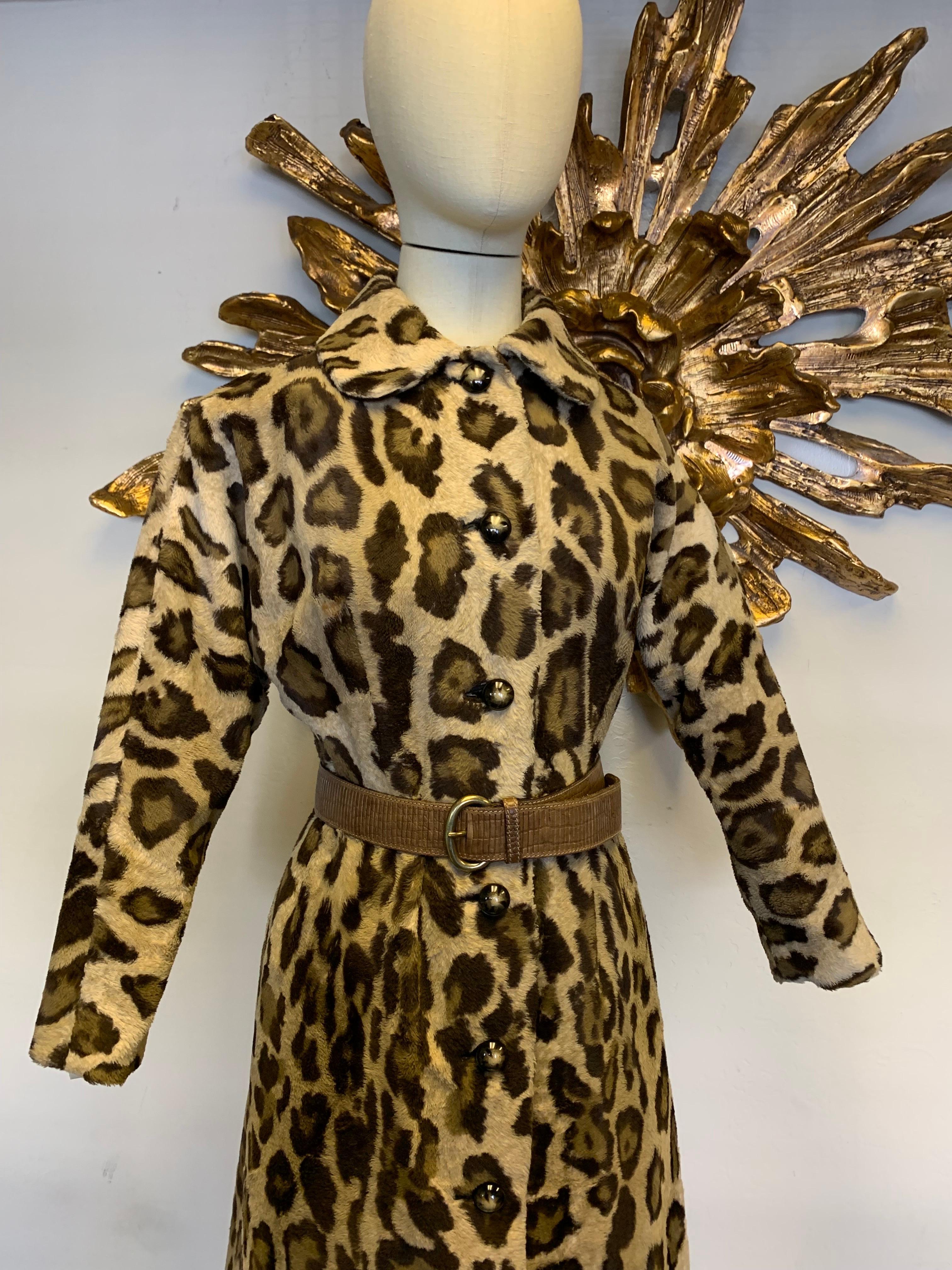 Brown 1960s Jerry Silverman Faux Leopard Fur Button-Down Coat Dress For Sale