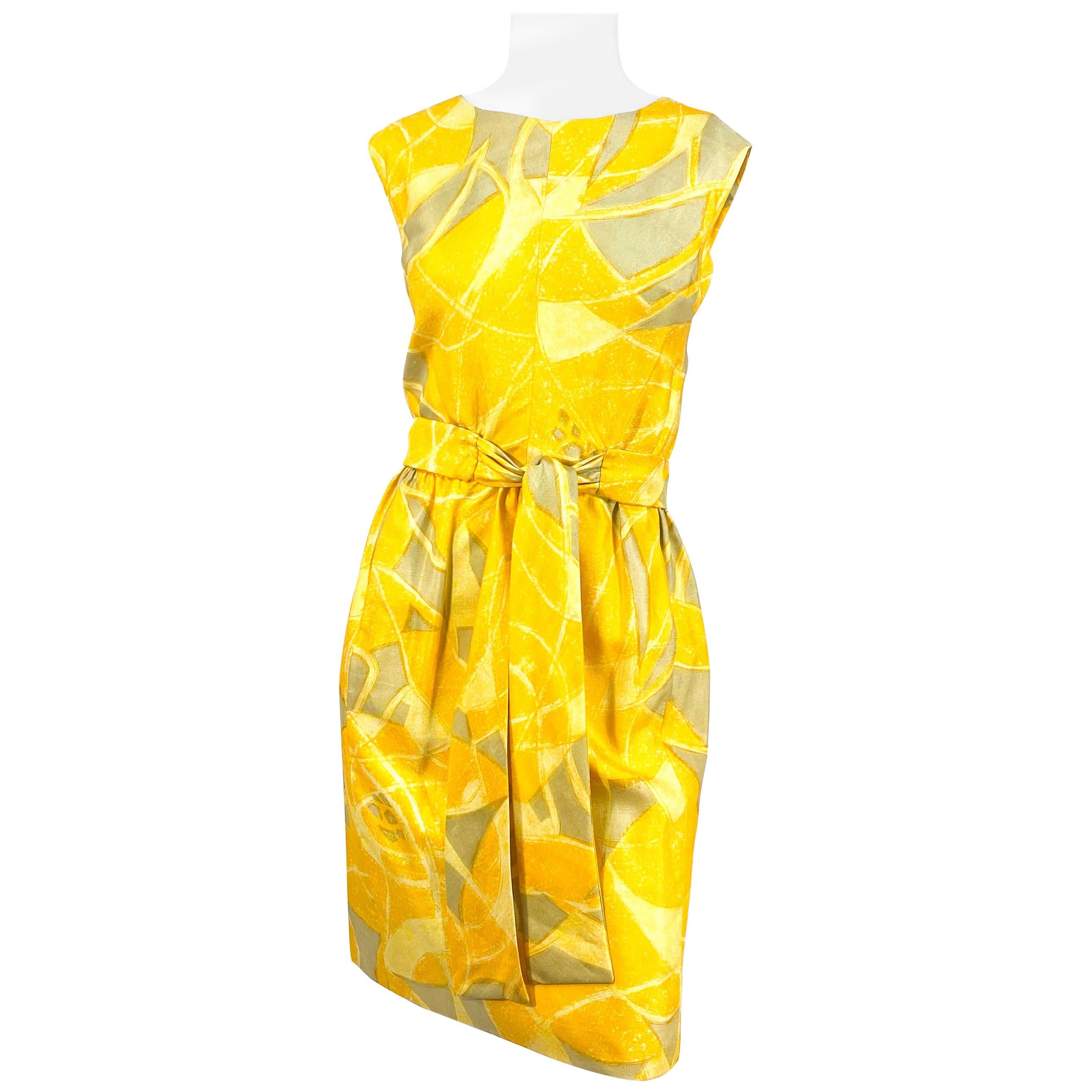 1960s Jerry Silverman Yellow Abstract Printed Sheath Dress For Sale