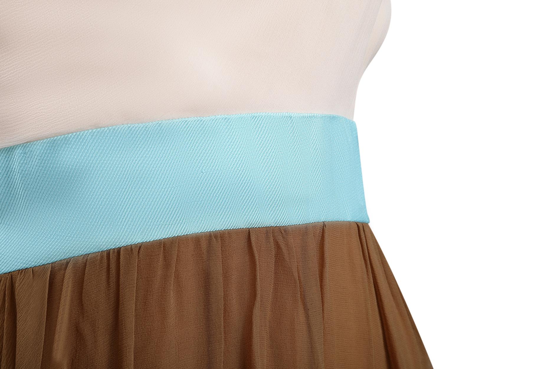 Brown 1960s Jeunesse Nude, Tan and Turquoise Chiffon Dress With Cowl Neckline