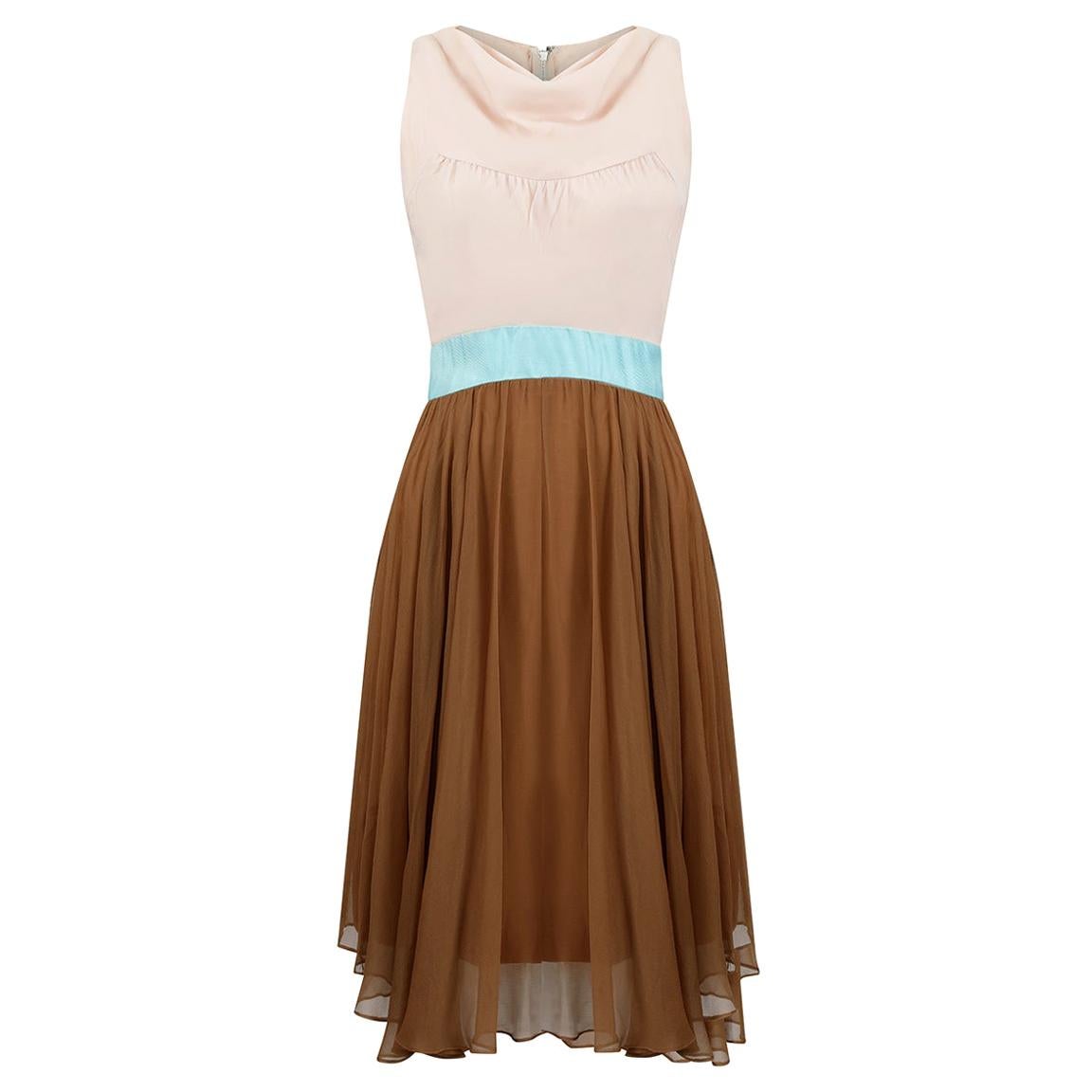 1960s Jeunesse Nude, Tan and Turquoise Chiffon Dress With Cowl Neckline