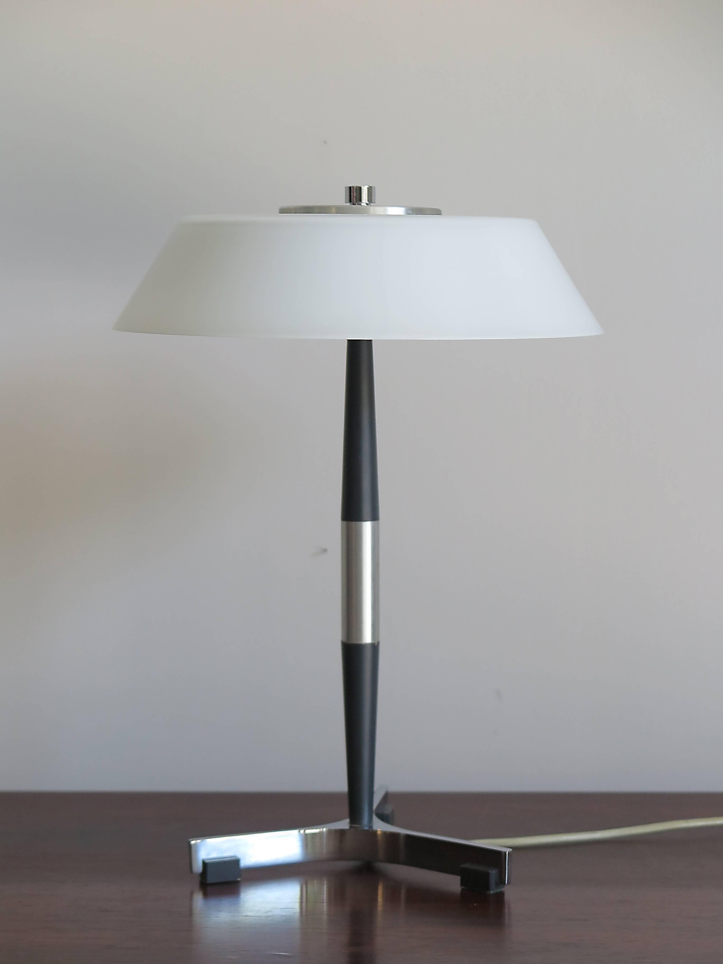 Danish Scandinavian table lamp model Senior with white opaline glass designed by Jo Hammerborg and produced by Fog & Mørup in 1966, midcentury design.