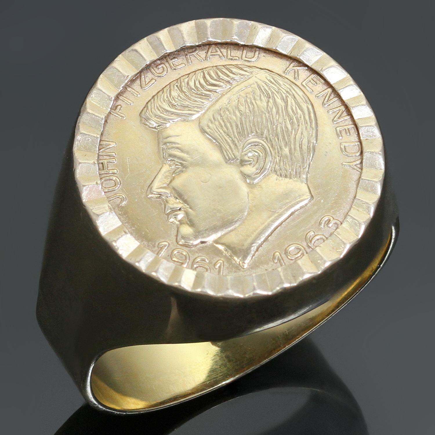 This fabulous vintage signet ring features a commemorative presidental John F. Kennedy coin design crafted in 18k yellow gold. Made in United States circa 1960s. Measurements: 0.66