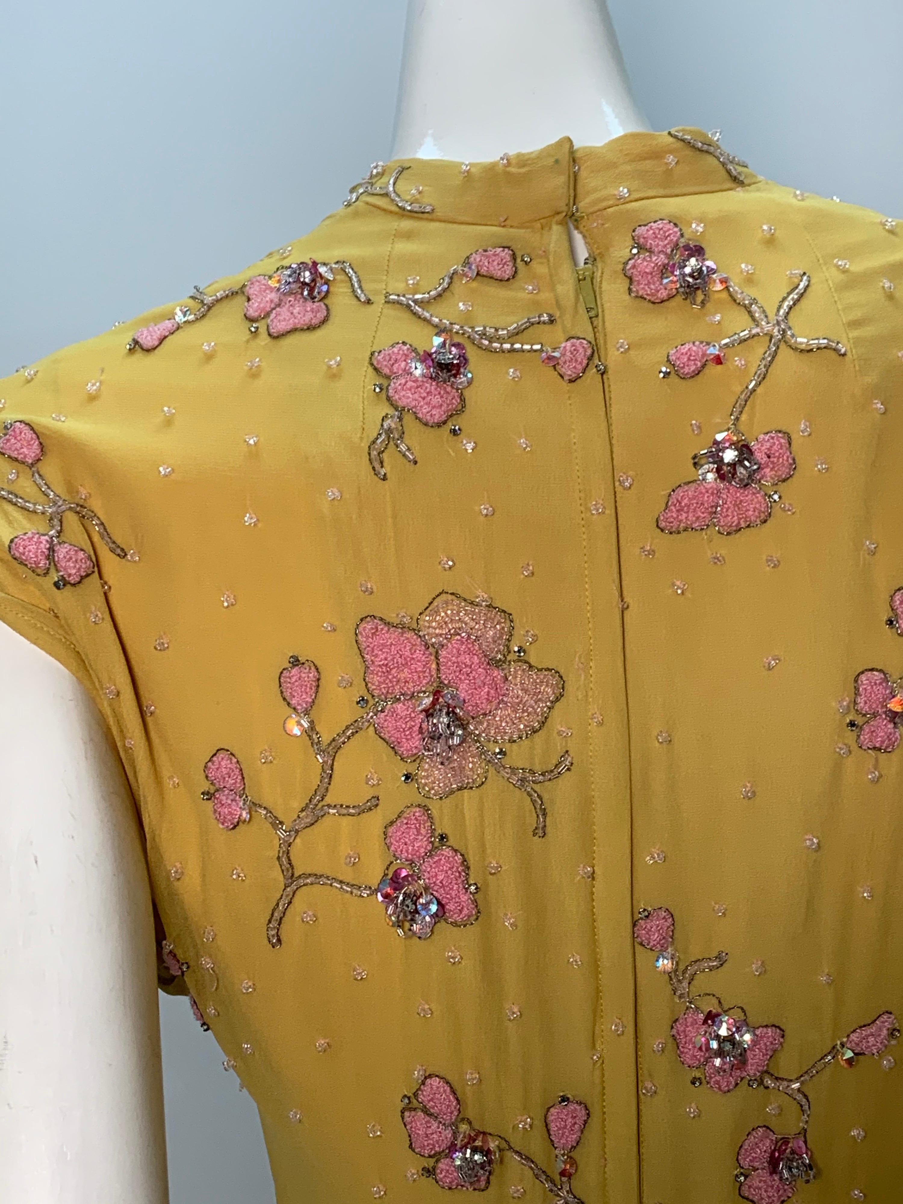 1960s John Hogan Crepe Dress w/ Mustard Floral Embroidered Bodice & Cream Skirt For Sale 5