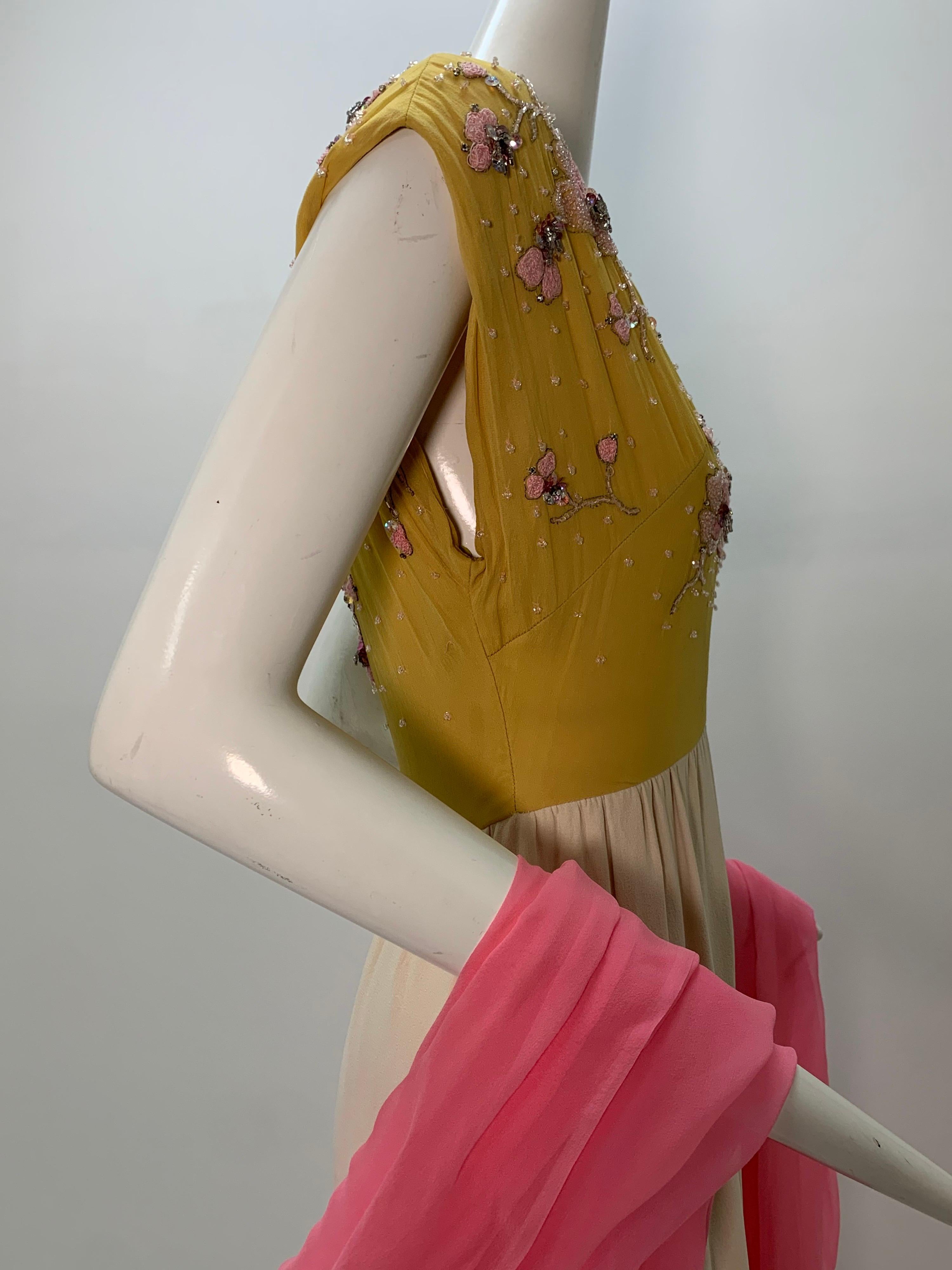 1960s John Hogan Crepe Dress w/ Mustard Floral Embroidered Bodice & Cream Skirt For Sale 6