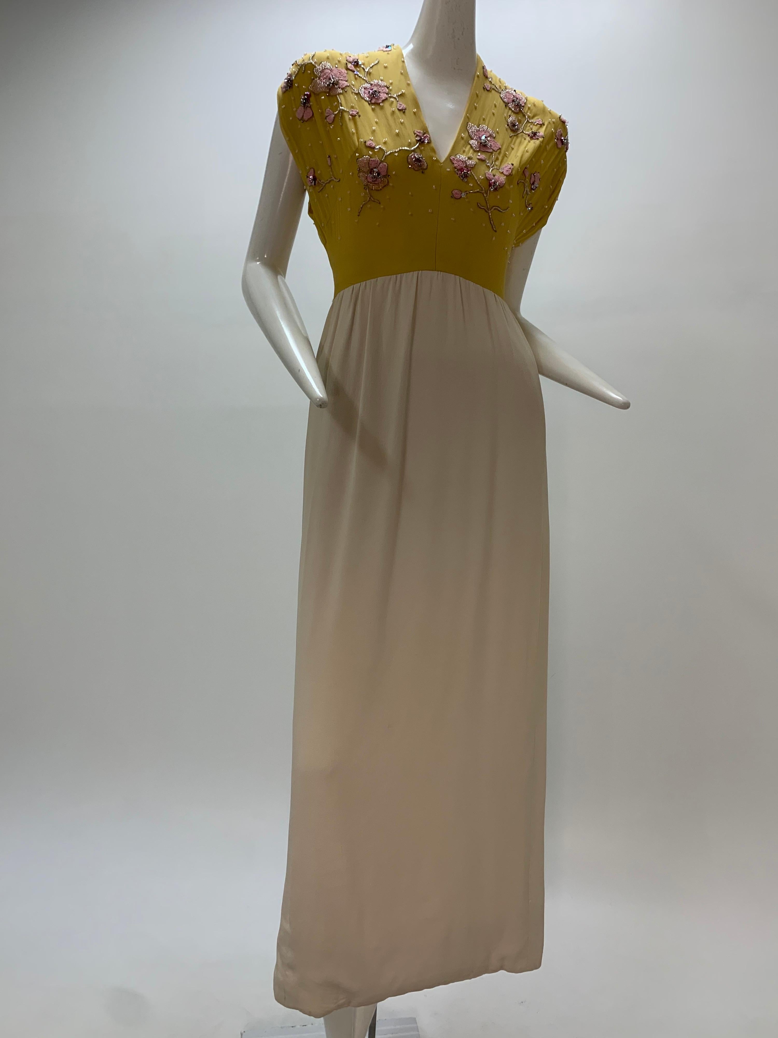 1960s John Hogan Crepe Dress w/ Mustard Floral Embroidered Bodice & Cream Skirt For Sale 7