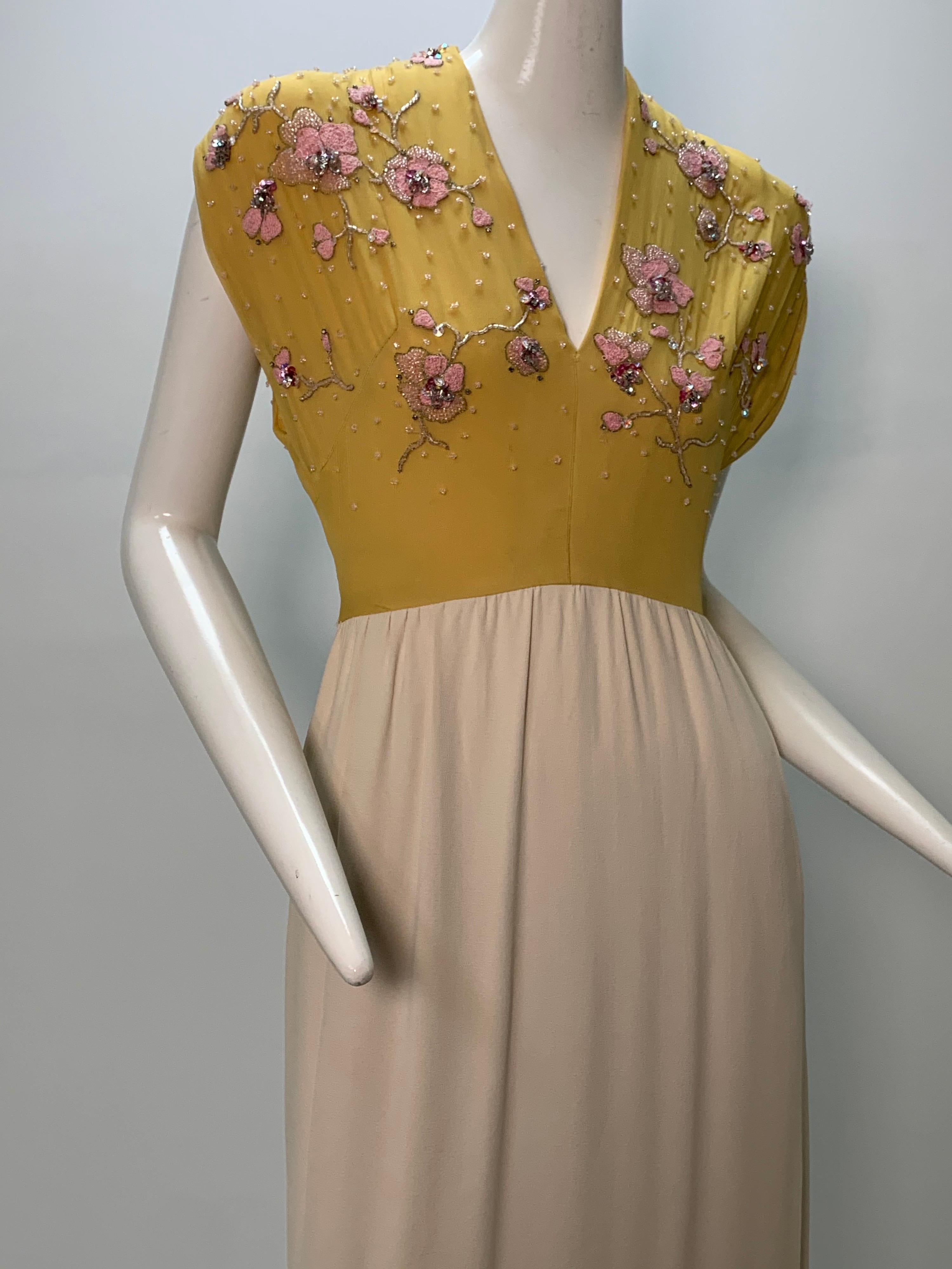 1960s John Hogan Crepe Dress w/ Mustard Floral Embroidered Bodice & Cream Skirt For Sale 8