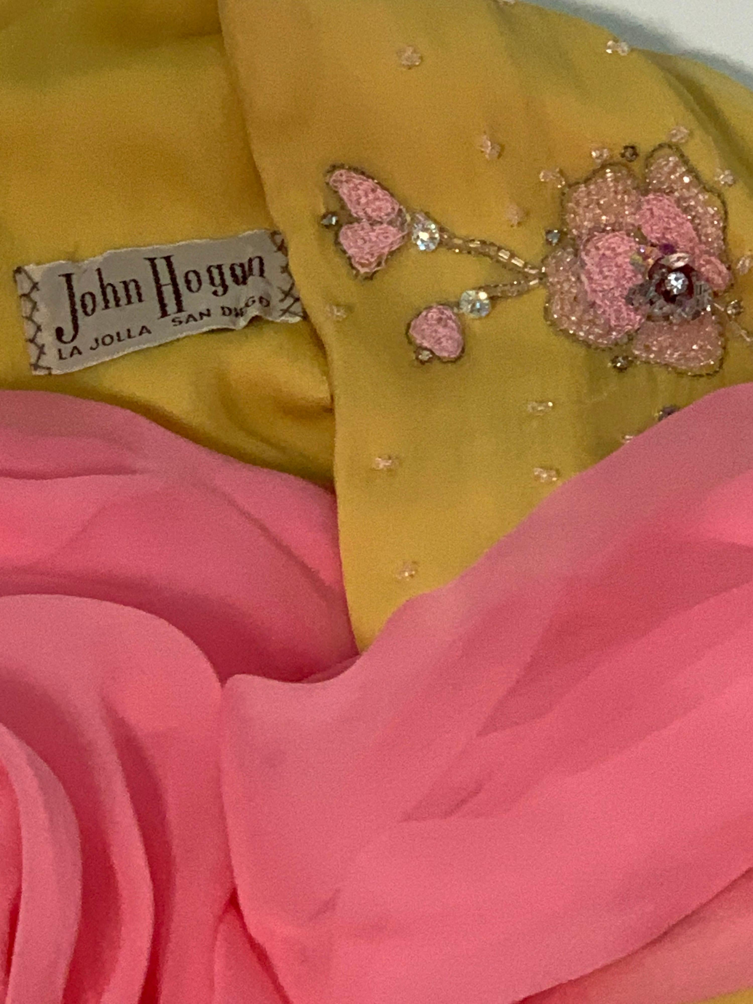 1960s John Hogan Crepe Dress w/ Mustard Floral Embroidered Bodice & Cream Skirt For Sale 9