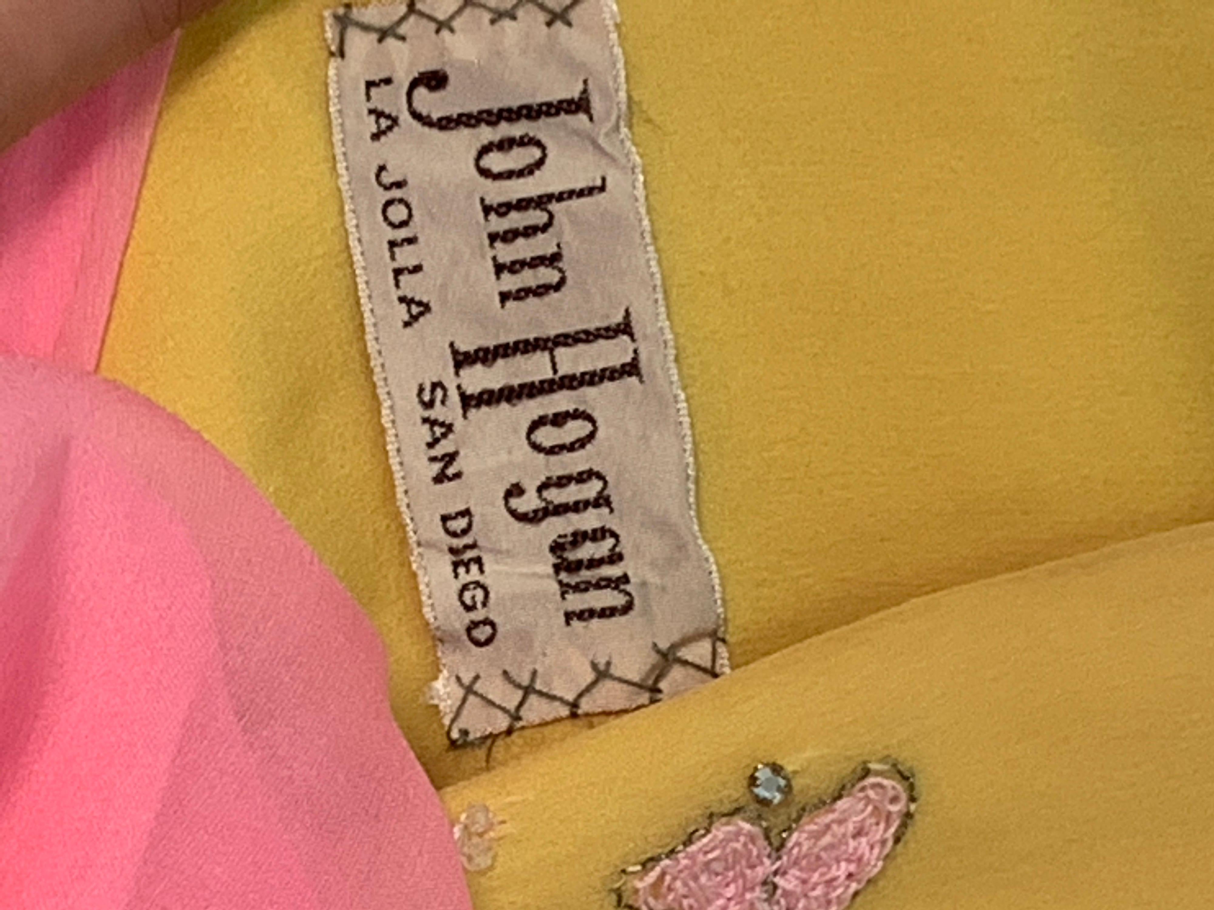 1960s John Hogan Crepe Dress w/ Mustard Floral Embroidered Bodice & Cream Skirt For Sale 10