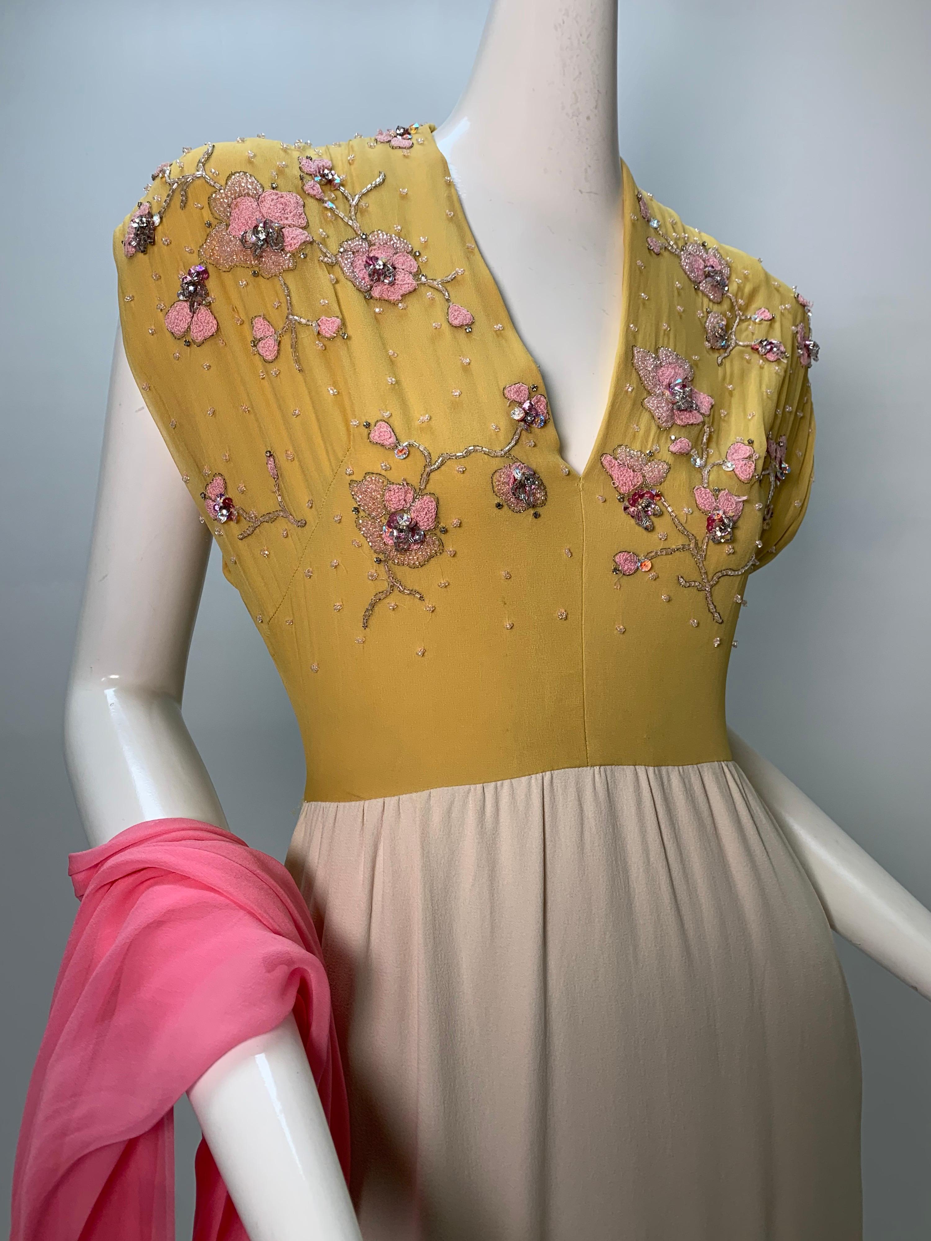 1960s John Hogan Crepe Dress w/ Mustard Floral Embroidered Bodice & Cream Skirt In Good Condition For Sale In Gresham, OR