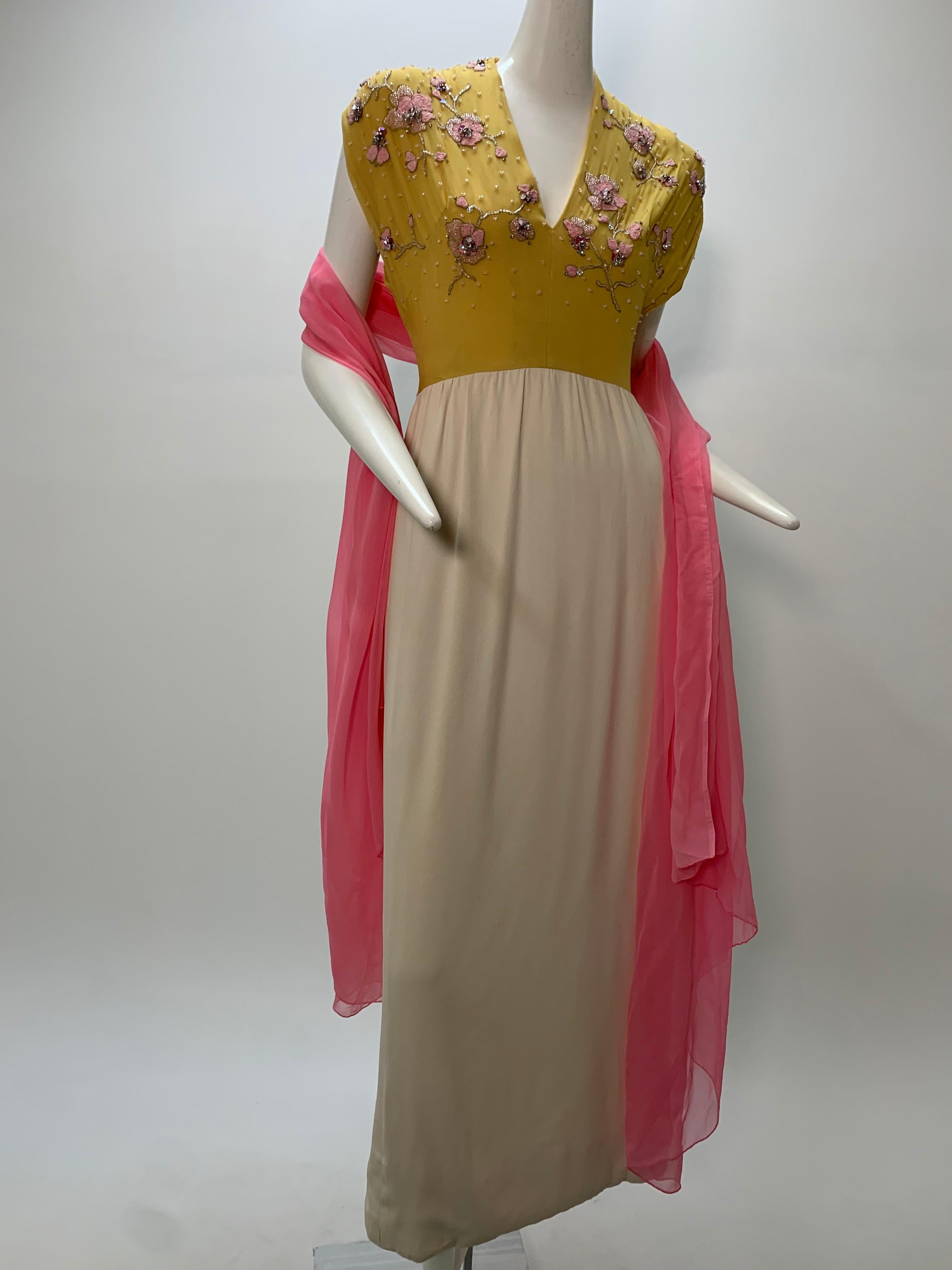 Women's 1960s John Hogan Crepe Dress w/ Mustard Floral Embroidered Bodice & Cream Skirt For Sale