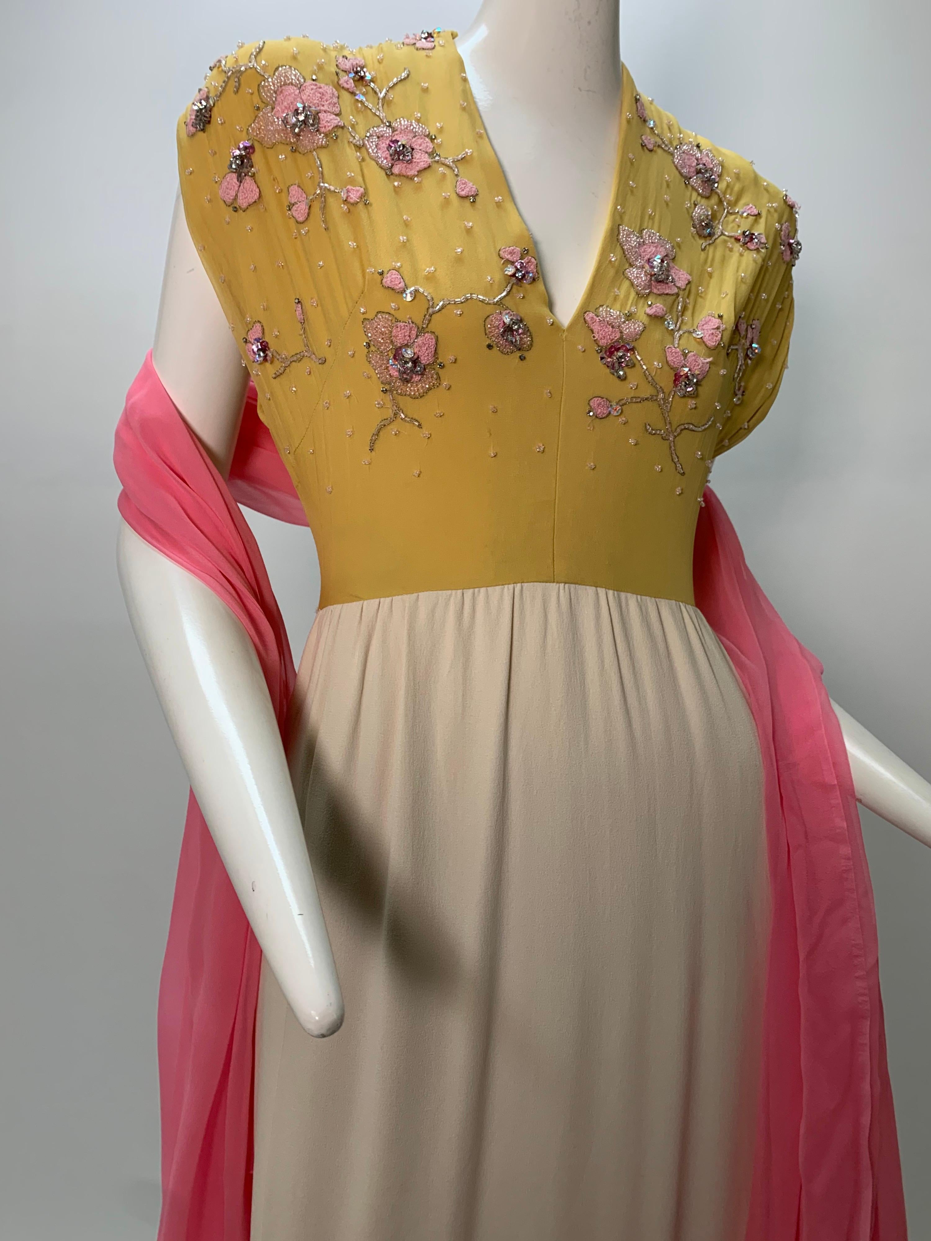 1960s John Hogan Crepe Dress w/ Mustard Floral Embroidered Bodice & Cream Skirt For Sale 1