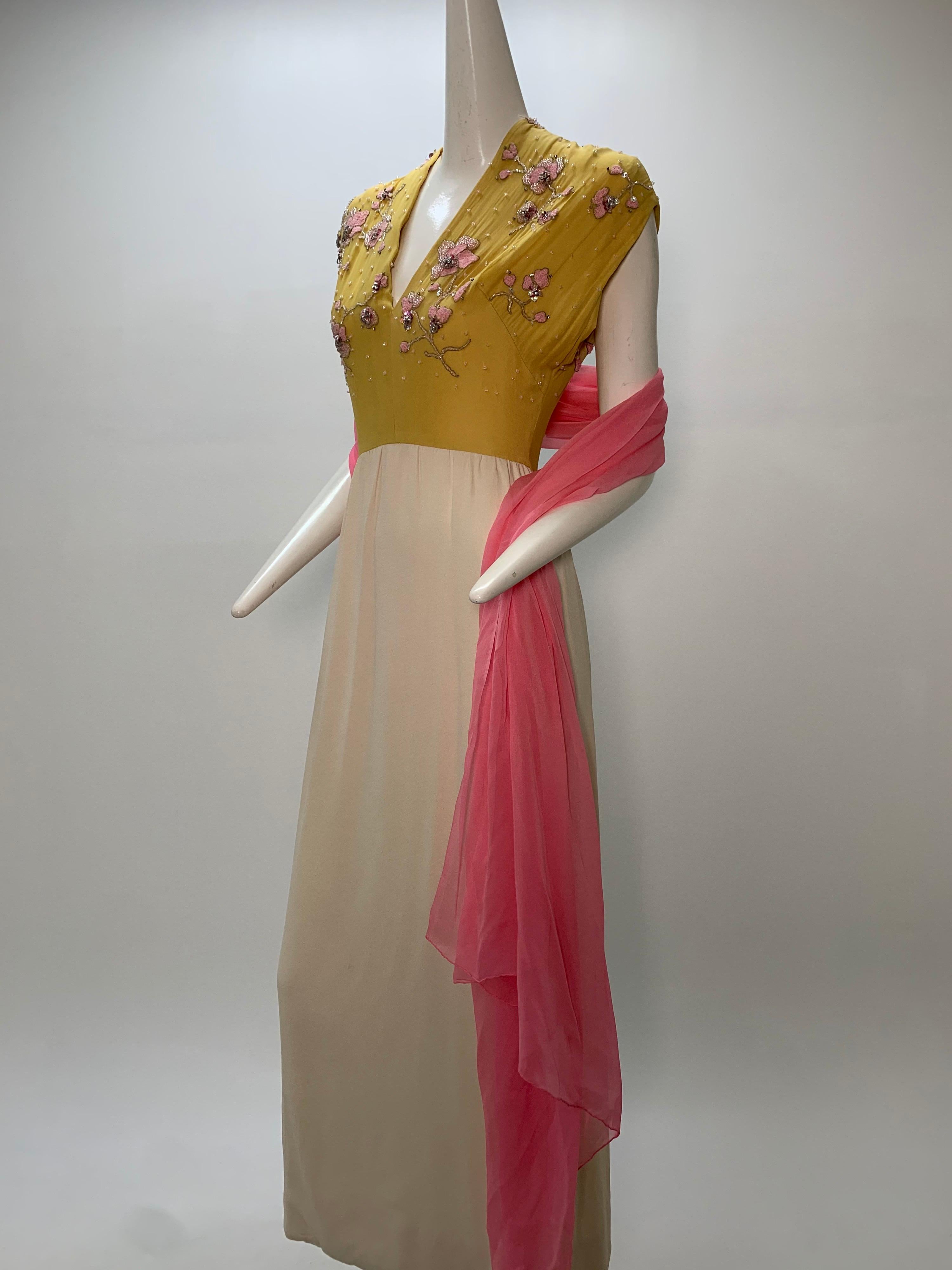 1960s John Hogan Crepe Dress w/ Mustard Floral Embroidered Bodice & Cream Skirt For Sale 3