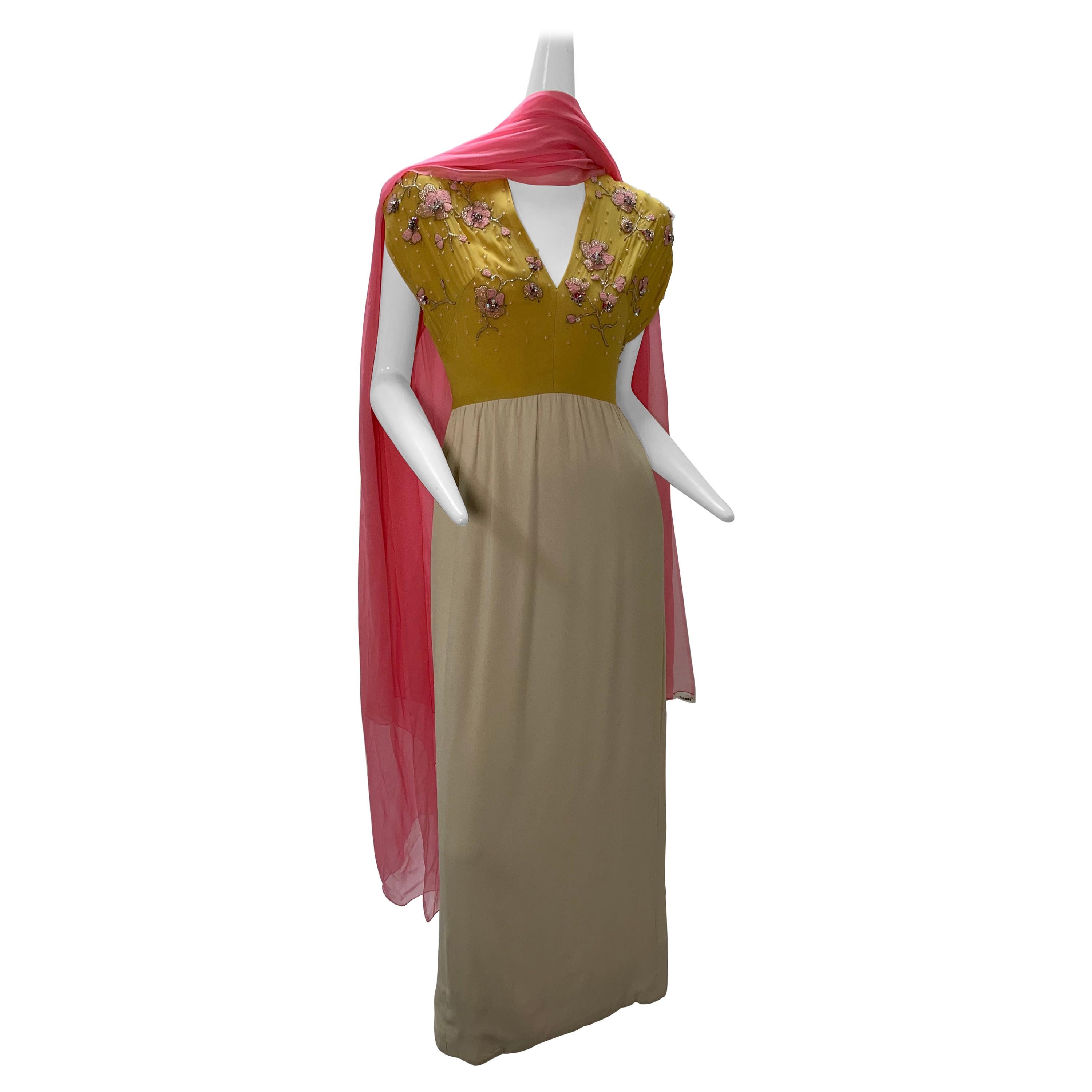 1960s John Hogan Crepe Dress w/ Mustard Floral Embroidered Bodice & Cream Skirt For Sale