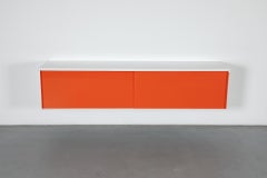 1960s John Lewis Mod Floating Credenza, Orange Plexiglass Sliding Doors