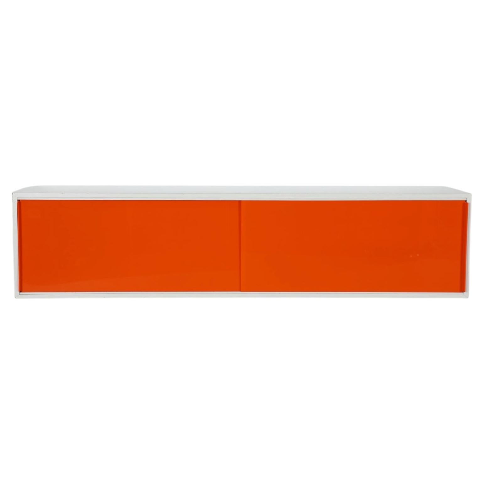1960s John Lewis Mod Floating Credenza, Orange Plexiglass Sliding Doors