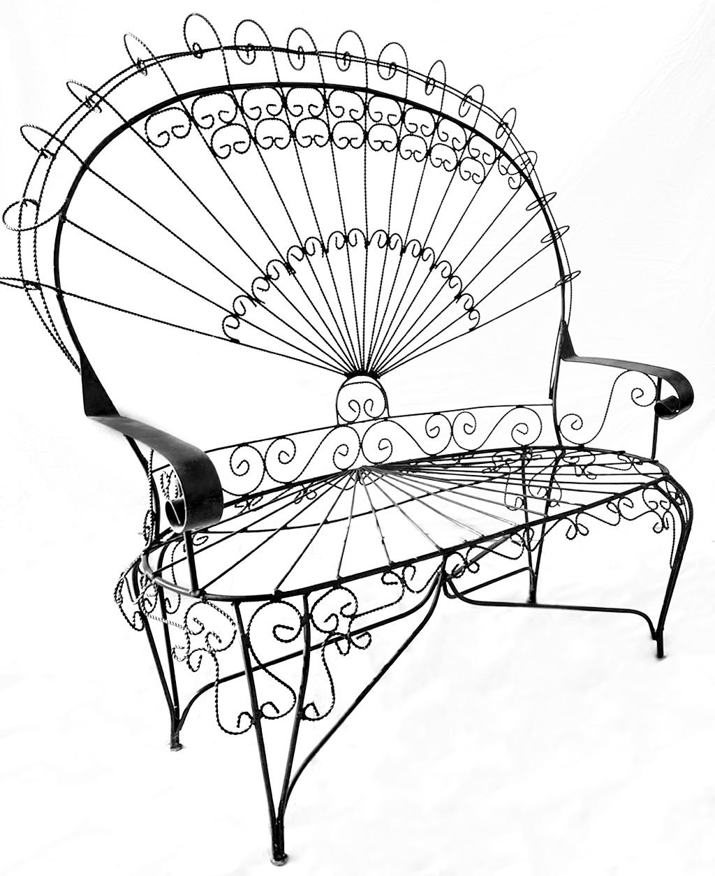 20th Century 1960s John Salterini Attributed Iron Peacock Garden Bench Settee For Sale