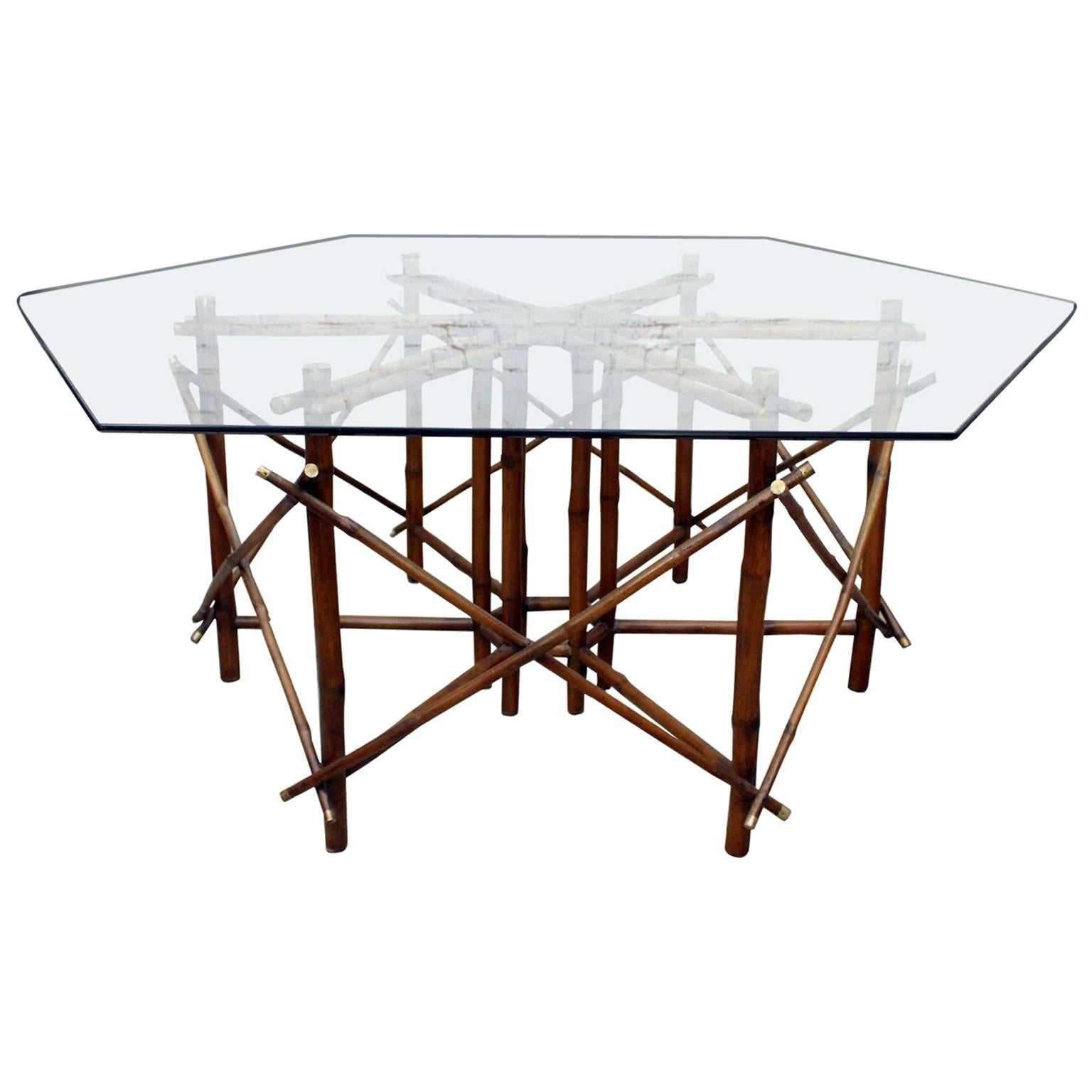 1960s John Wisner for Ficks Reed Bamboo, Brass and Glass Dining Table For Sale