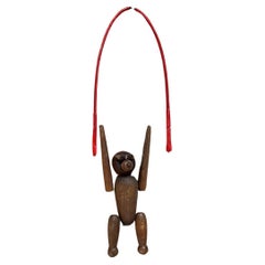 1960s Jointed Wood Monkey on Exercise Rope Style Bojesen Denmark